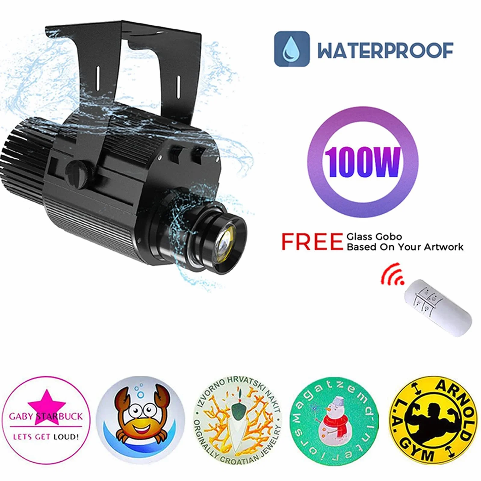 100W LED GOBO Logo Proyector Rotor Tabla Manual Zoom Control Remoto Custom GOBO Company Store Tienda Publicidad Signo,Negro,Outdoor