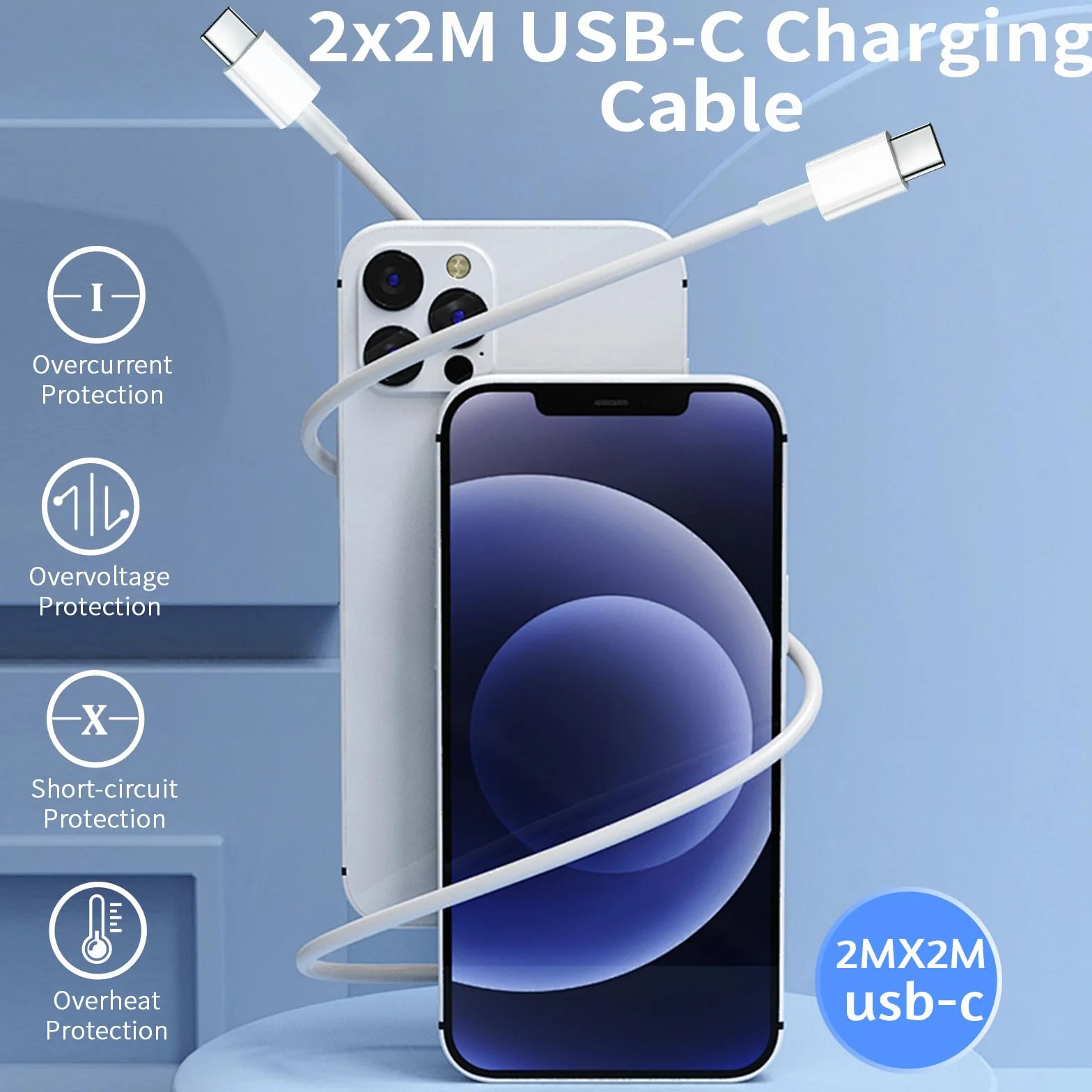 Cargador USB C 25W 2PCS Tipo C Cable Carga Rápida 2x2M para Samsung Galaxy iPhone iPad Xiaomi Huawei