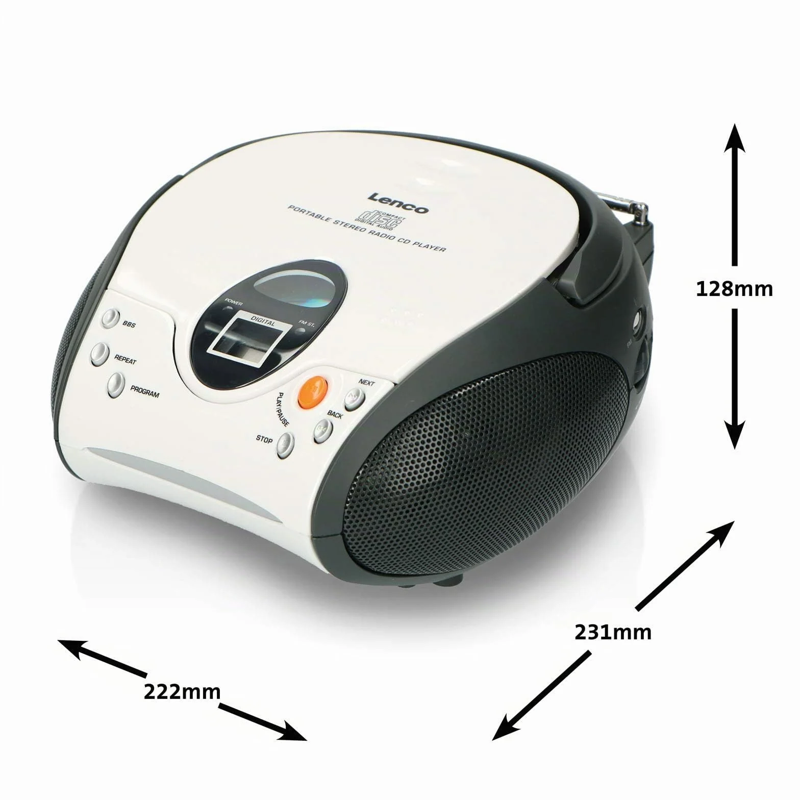 Lenco SCD-24 SCD24 - Reproductor de CD para niños - Radio CD - Sistema estéreo - Boombox - Sintonizador de radio FM - Memoria de pista - 2 x 1,5 W RMS de alimentación - Funciona con red y pilas - Blanco