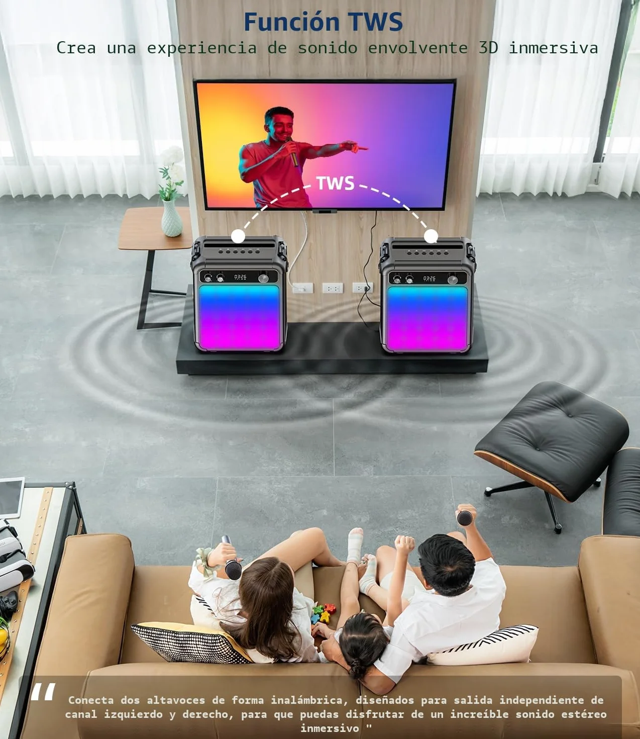 Máquina de Karaoke con 2 micrófonos inalámbricos, Altavoz Karaoke Profesional para Adultos, Bluetooth portátil con Luces LED,para Fiestas,Regalo,al Aire Libre.Sostener TF/USB/TWS/Mic/AUX