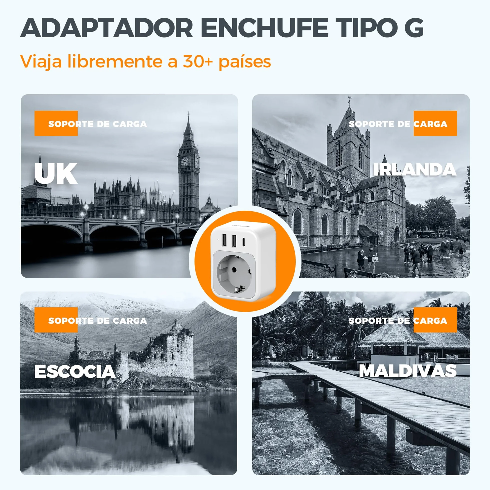 TESSAN Adaptador Enchufe UK, 4 en 1 Adaptador Enchufe Ingles con USB C y 2 USB A, 3250W Adapter Español a Ingles, Adapter Tipo G para Irlanda Malta Malasia Vietnam Chipre