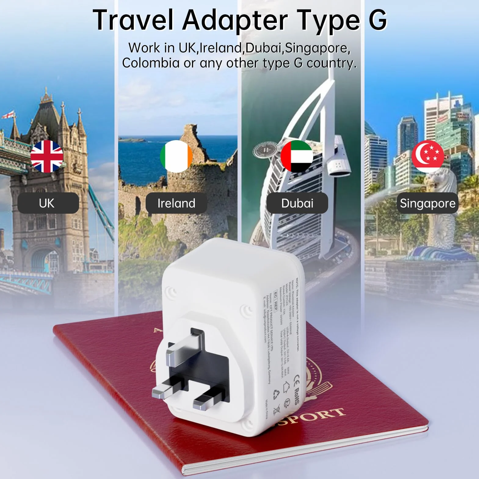 Sameriver Adaptador Enchufe Ingles UK Inglaterra Adaptador de Viaje con 2USB y Tipo C, Español 2 Patas Europa hacia 3 Patas Reino Unido RU para Irlanda Escocia Britanico Maldivas (Tipo G) Blanco