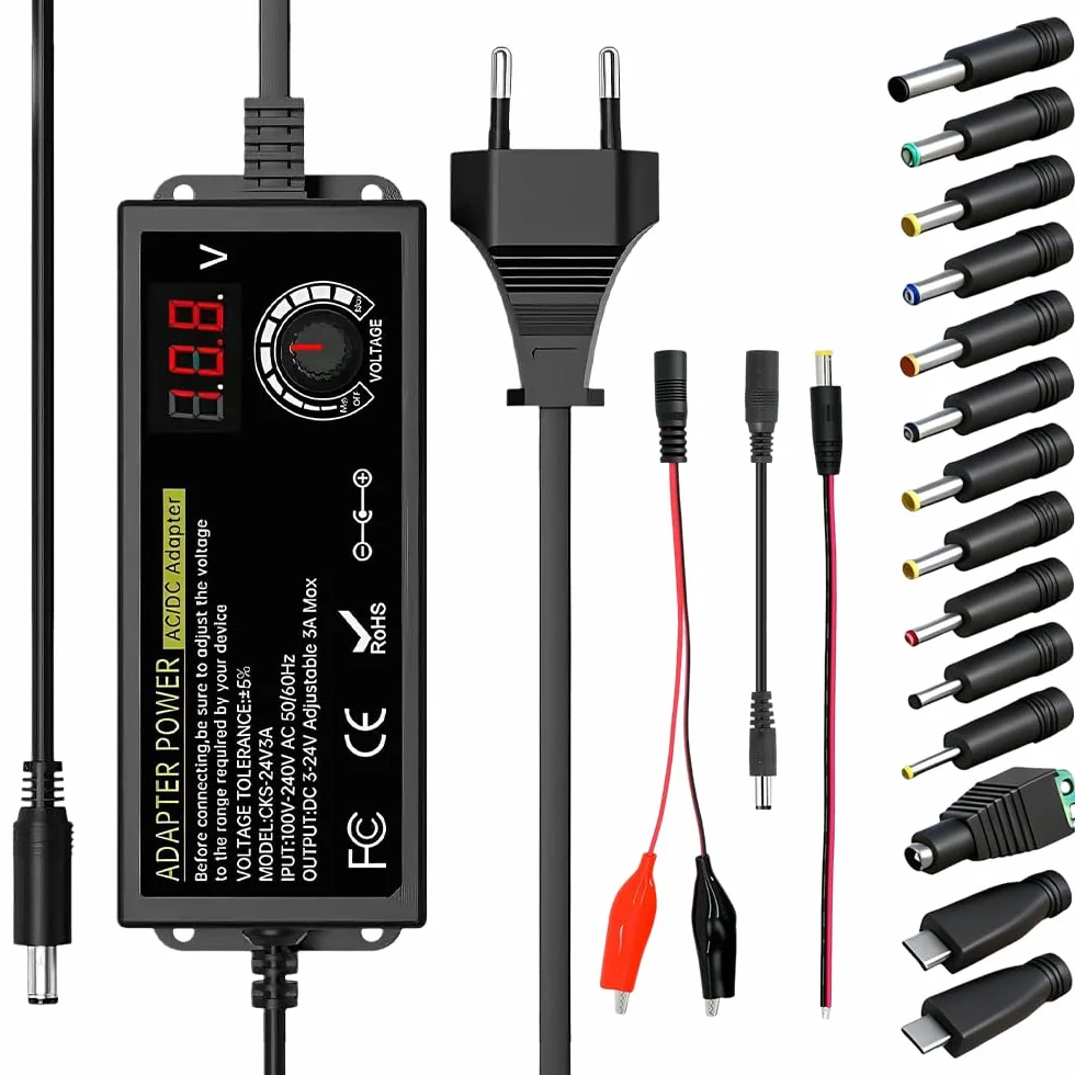 Fuente de Alimentación Universal 3V-24V, Fuente de Alimentacion Regulable 3A 72W, 100-240V AC a DC Adaptador de Corriente Universal con Pantalla Digital y 14 Conectores, Motor CC, 3A Máx