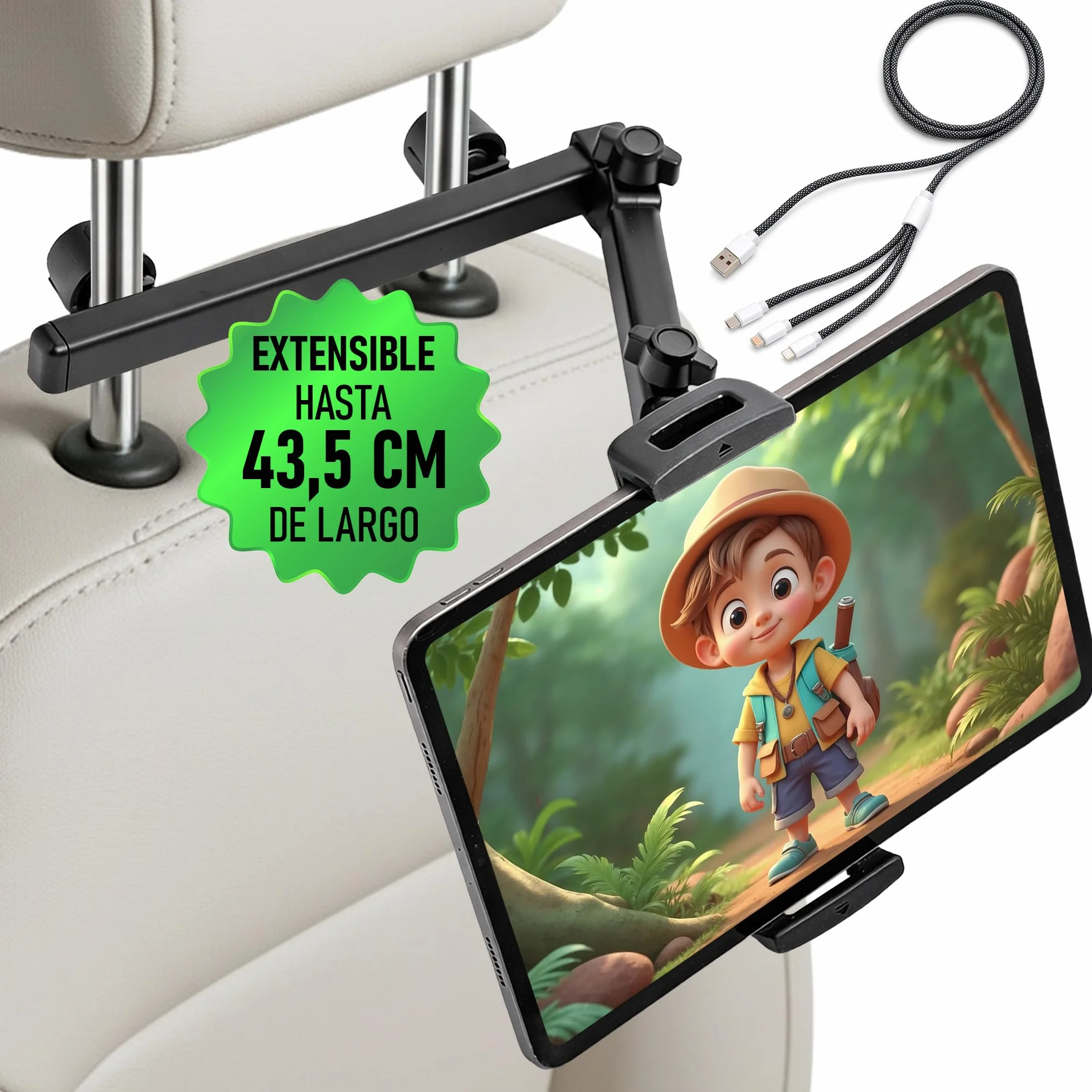 Soporte Tablet Coche Reposacabezas - Soporte iPad para Asiento Trasero - Cable 1,2 m Incluido – Brazo Extensible Antivibración 360º – Compatible 4,7″–13″ (Tablet, iPad, Movil)