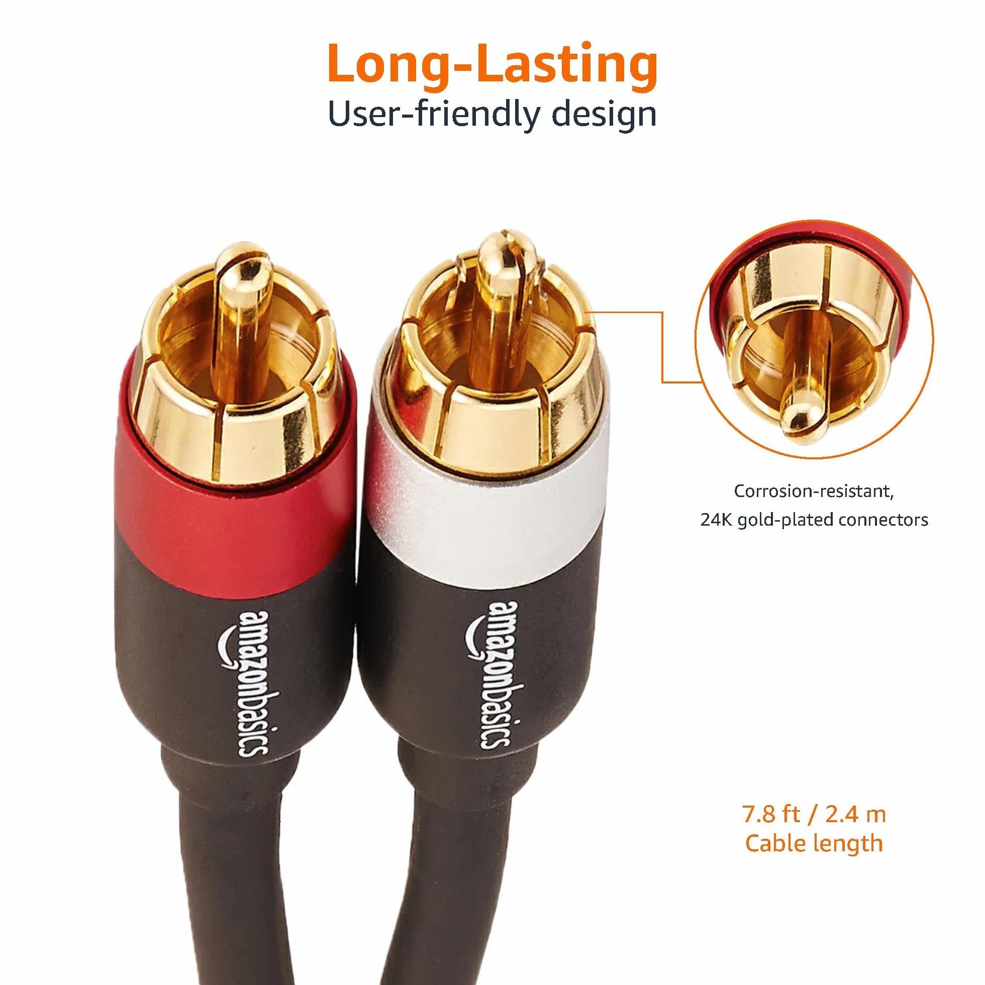 Amazon Basics 2 kable audio RCA 2.4 m pozłacane złącza czarny