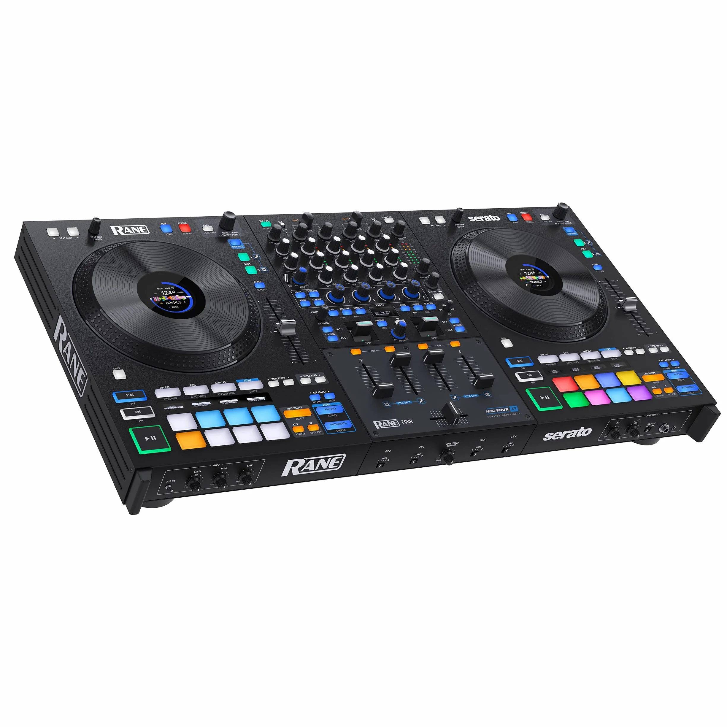 RANE FOUR Controlador DJ Stems Avanzado, 4 Canales, Jog Wheels de 8.5 Pugadas + Displays, Mezclador DJ con FX Internos, Serato DJ Pro + Pitch 'n Time DJ