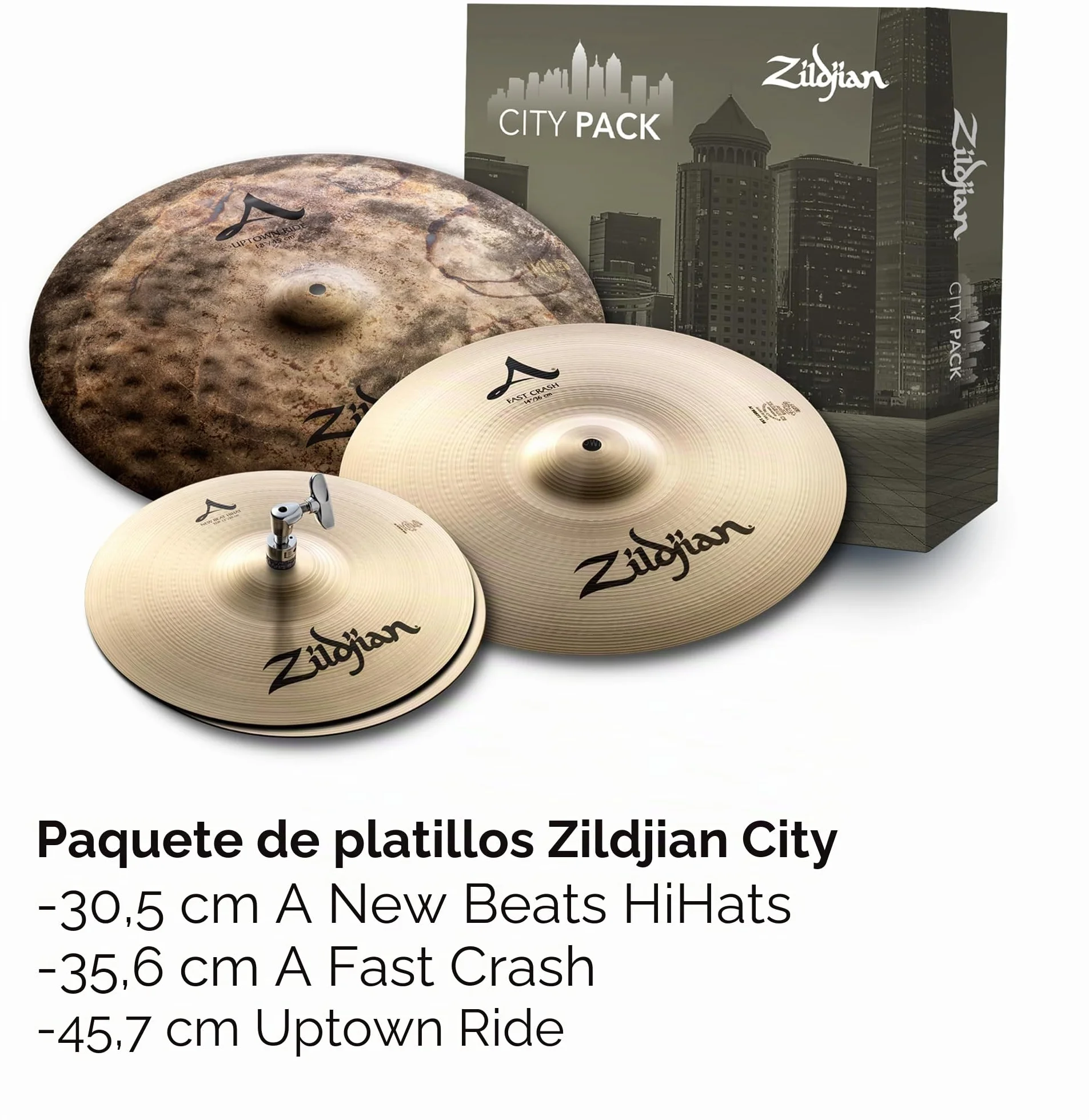 Zildjian ACITYP248 A Series City Cymbal Box Set - 12" New Beat Hi-Hats, 14" Crash, 18" Uptown Ride, Paquete de la ciudad