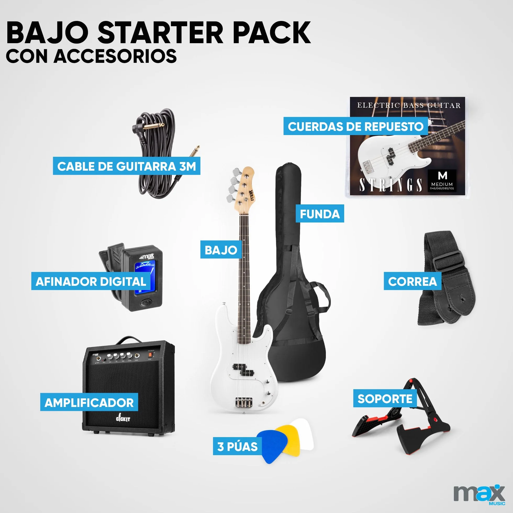 Max GigKit - Pack completo de bajo eléctrico blanco con amplificador de 40W, soporte, funda, afinador, cuerdas y cable, ideal para principiantes y práctica en casa o estudio