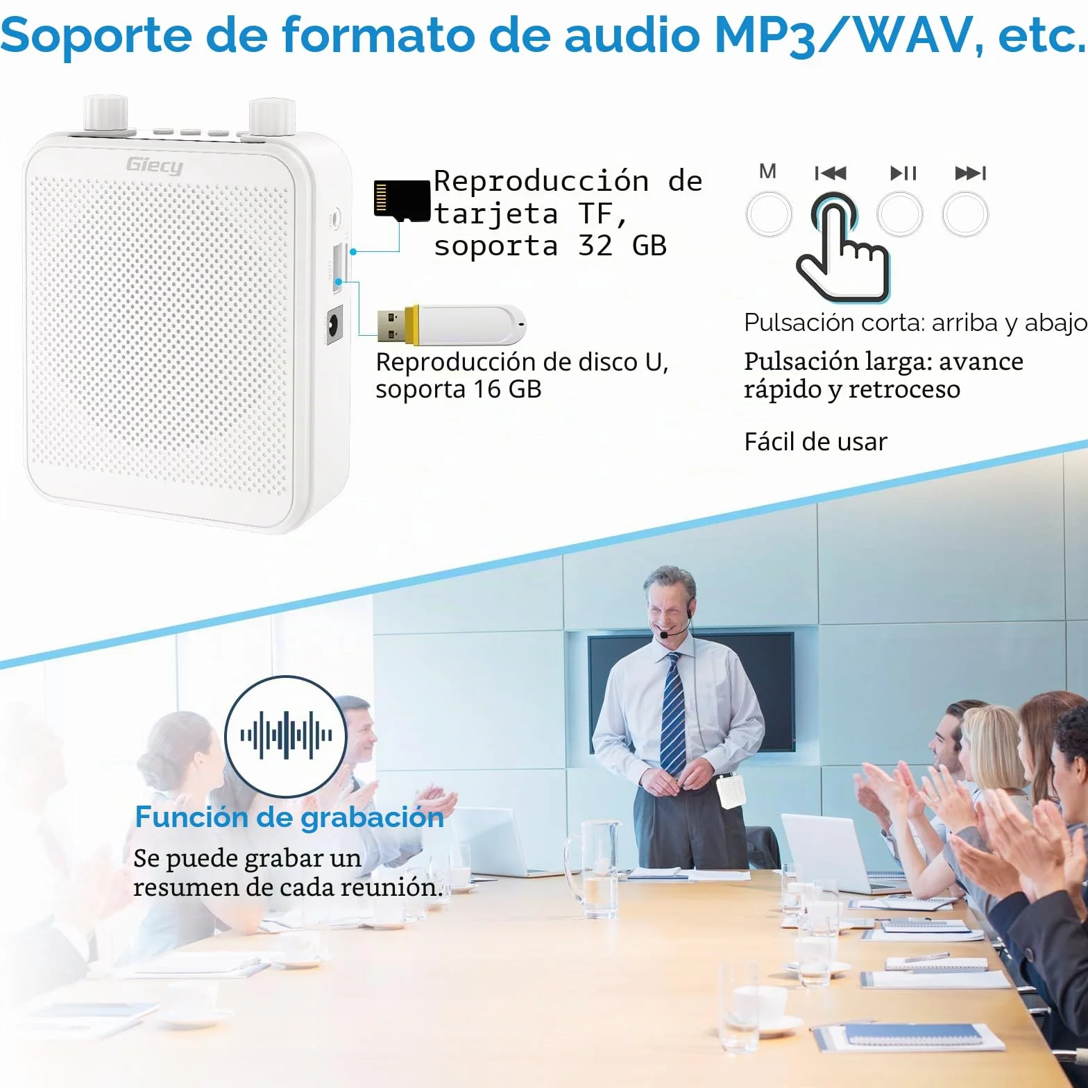 Amplificador de Voz portátil con micrófono batería Recargable 2800mah, Sistema de megafonía para Profesores, guías turísticos, Entrenadores Deportivos, presentadore(Blanco)