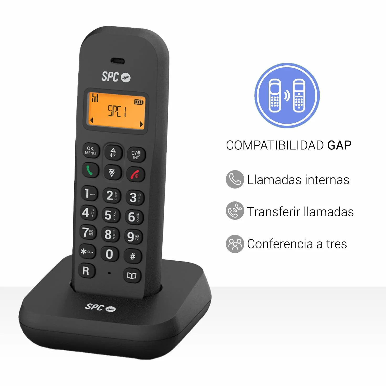 SPC Keops Teléfono Inalámbrico con Pantalla Iluminada Identificador de Llamadas Agenda 50 Contactos Modo Eco Compatibilidad Gap Negro