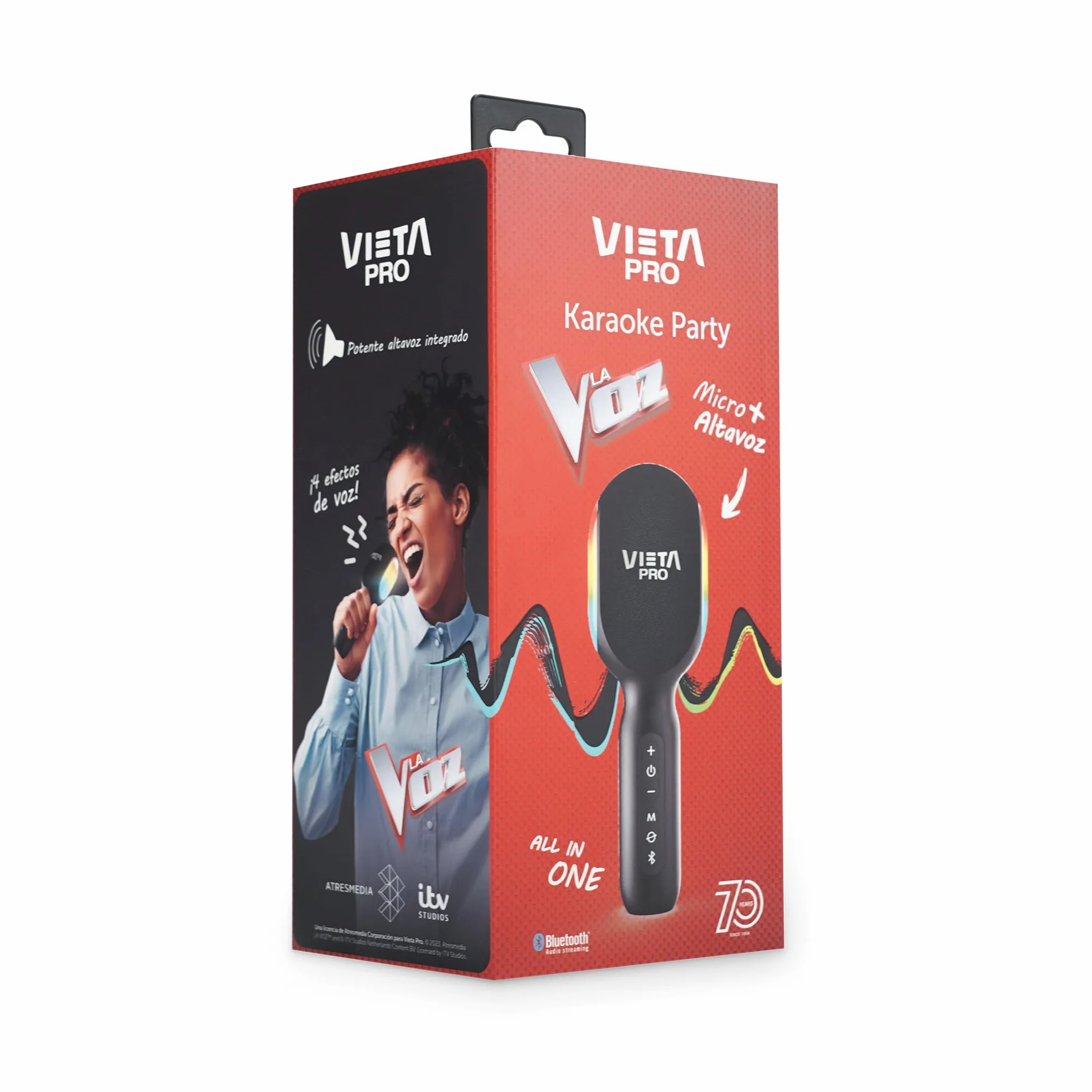 Vieta Pro Micrófono Inalámbrico con Altavoz para Karaoke True Wireless. Micrófono con Bluetooth, 10H de Batería, Transmisor Radio FM y Efectos de Luz y Sonido. | Micro Karaoke Party La Voz Negro