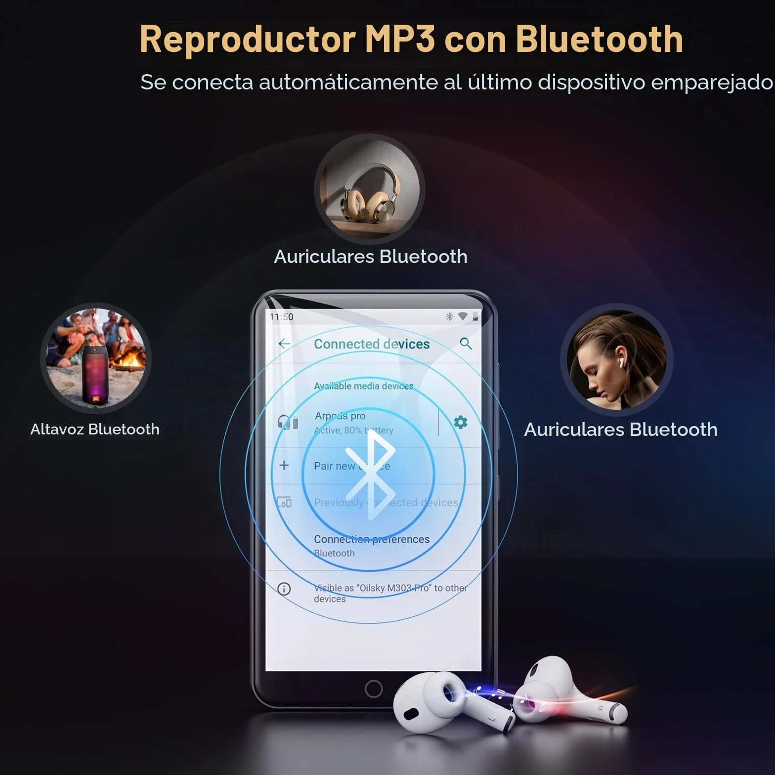 Oilsky 80GB 4" 1080P Pantalla táctil Android 9.0 Reproductor MP3 MP4 Bluetooth WiFi Portátil Música Spotify Audible Negro