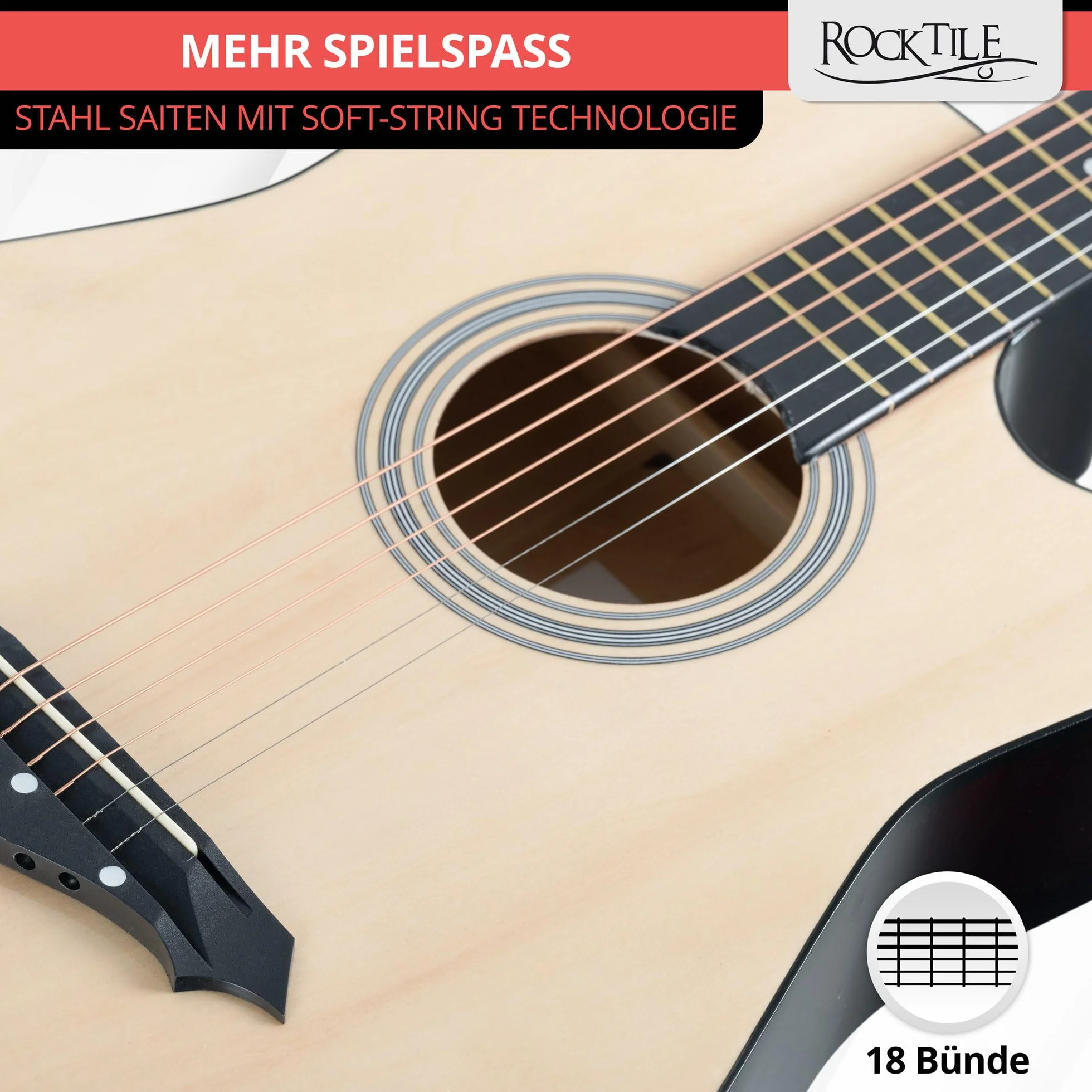 Rocktile WSD-5C-NT Slim Line Set De Guitarras Western - Guitarra Acústica Dreadnought - Cuerpo De Tilo - Mástil: Catalpa - Set Incluye Funda, Cuerdas De Repuesto, Correa Y Púas - Natural