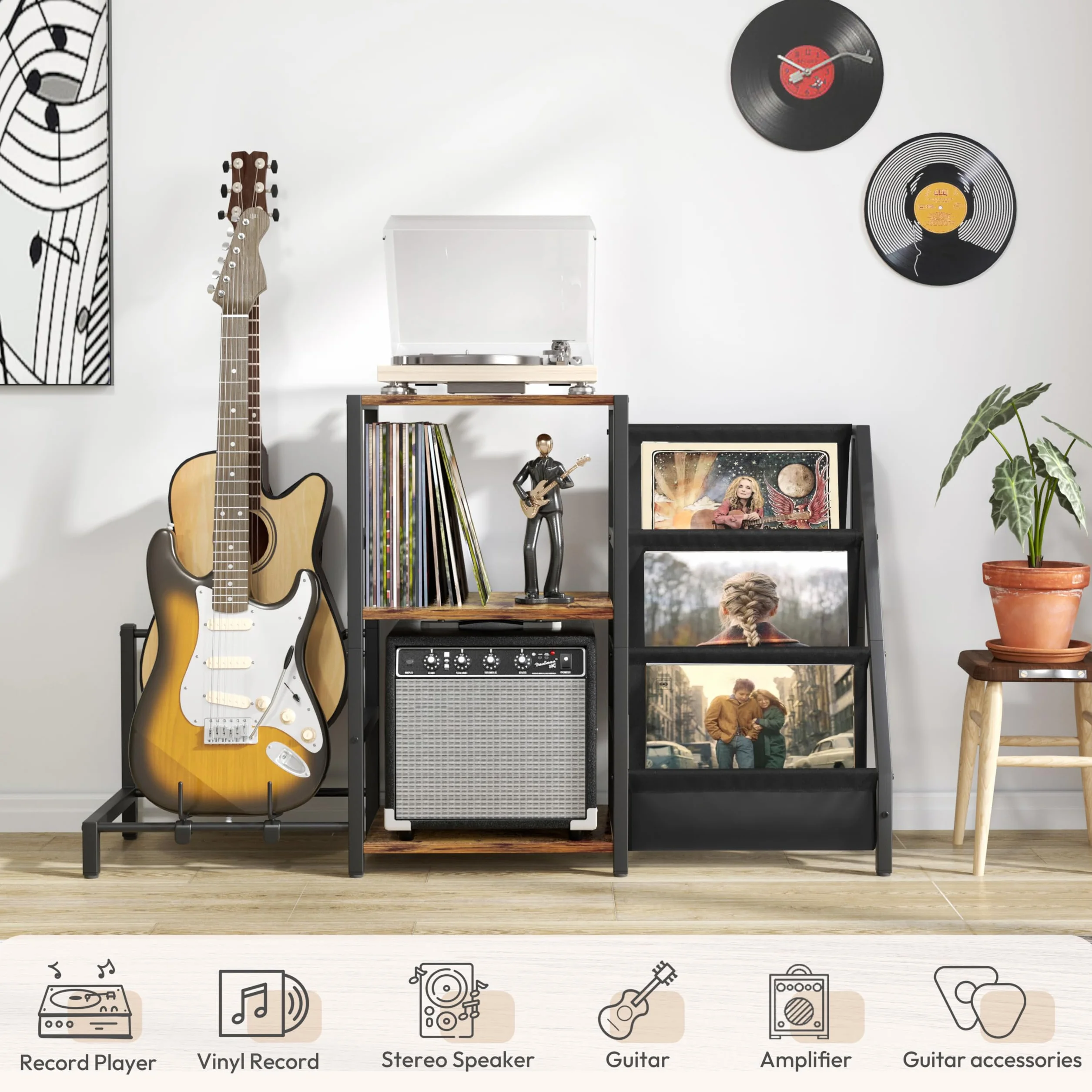 Bikoney Mueble Soporte para Tocadiscos y 200 Vinilos, Soporte de Guitarra Integrado para Eléctrica, Acústica o Bajo, Estante de 3 Niveles para Amplificador y Altavoces, Organizador de Música