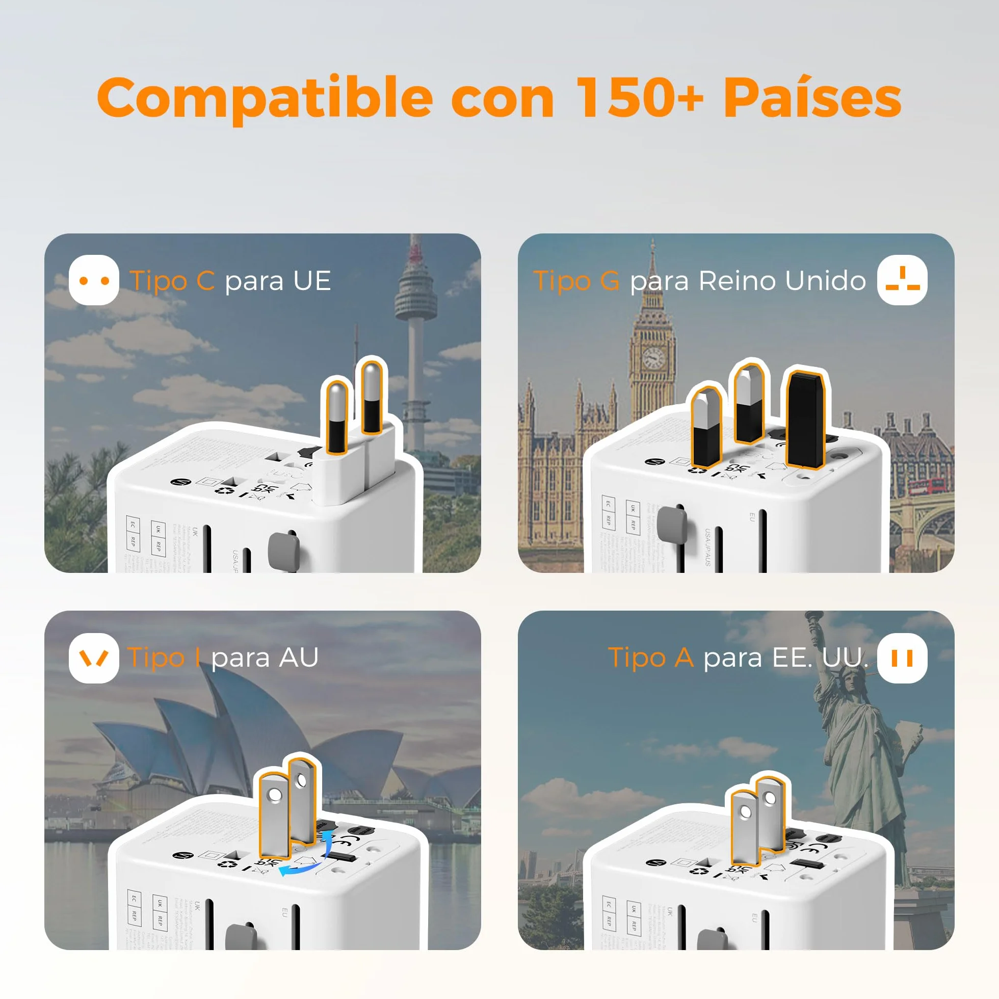 TESSAN Adaptador Enchufe Universal Viaje con 2 USB y 3 USB C para USA UK Irlanda Australia 224 Países