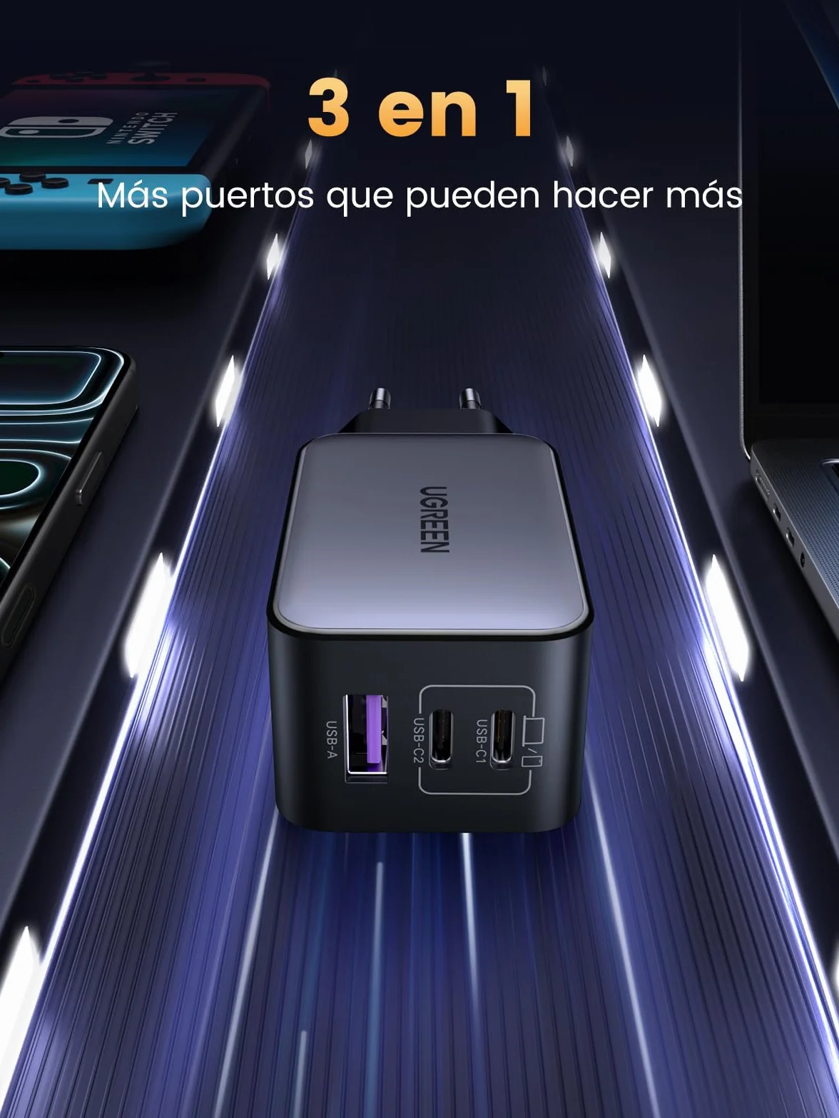 UGREEN Nexode 65W Cargador USB C 3 Puertos Carga Rápida Tipo C Gris