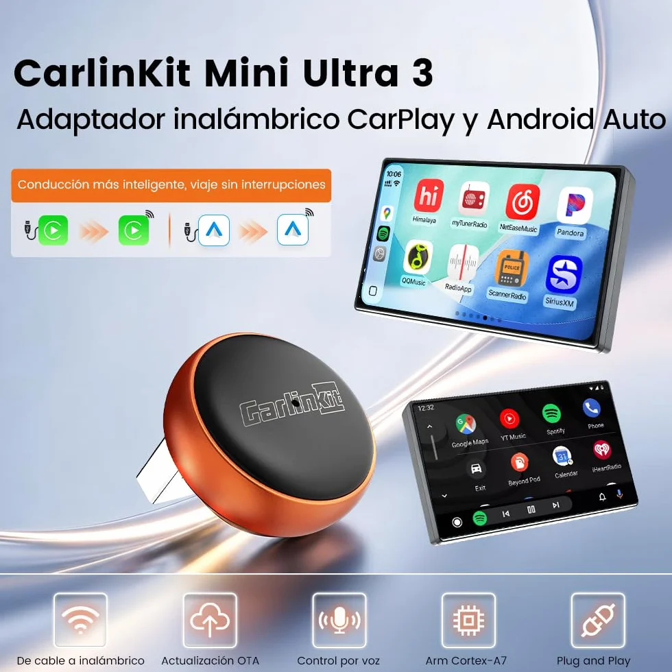 Carlinkit Mini Ultra 3 Wireless CarPlay Adaptador, Adaptador de coche Android inalámbrico, convierte OEM con cable a inalámbrico, USB A/C Plug & Play, conexión automática, actualización OTA, naranja