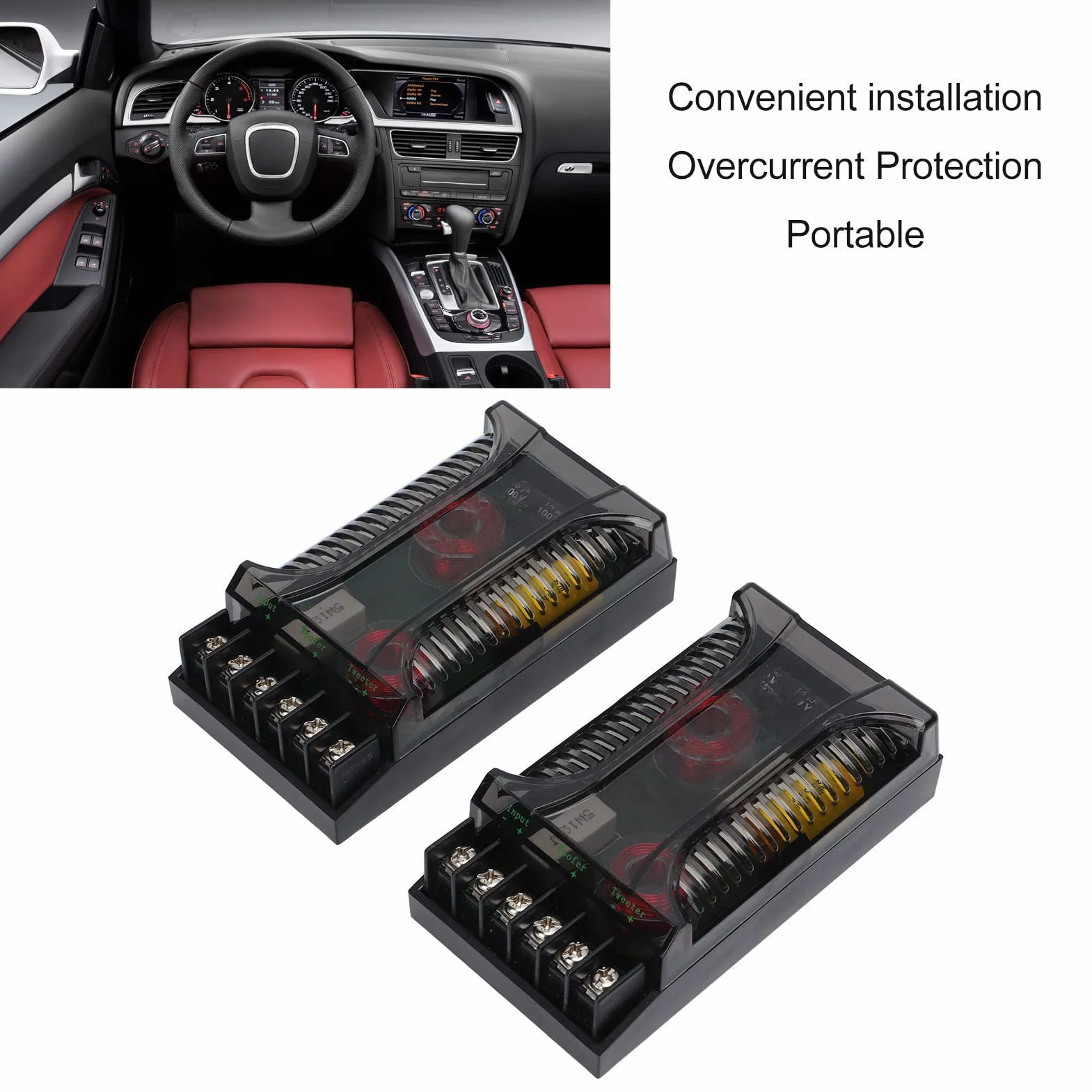 Divisor de Frecuencias de 2 Vías para Altavoces de Coche Compatible con la Mayoría de Sistemas de Audio Crossover con Protección contra Sobrecorriente y Disipación de Calor
