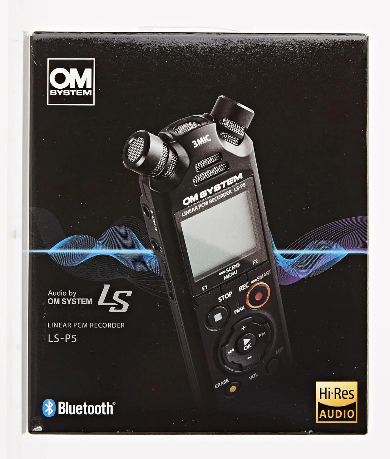 OM System LS-P5 Grabadora de Audio Hi-Res – Sistema TRESMIC II de 3 Micrófonos, Bluetooth, 16GB, 37h de Autonomía, Grabaciones Profesionales, Control Smartphone, USB, PCM/FLAC/MP3