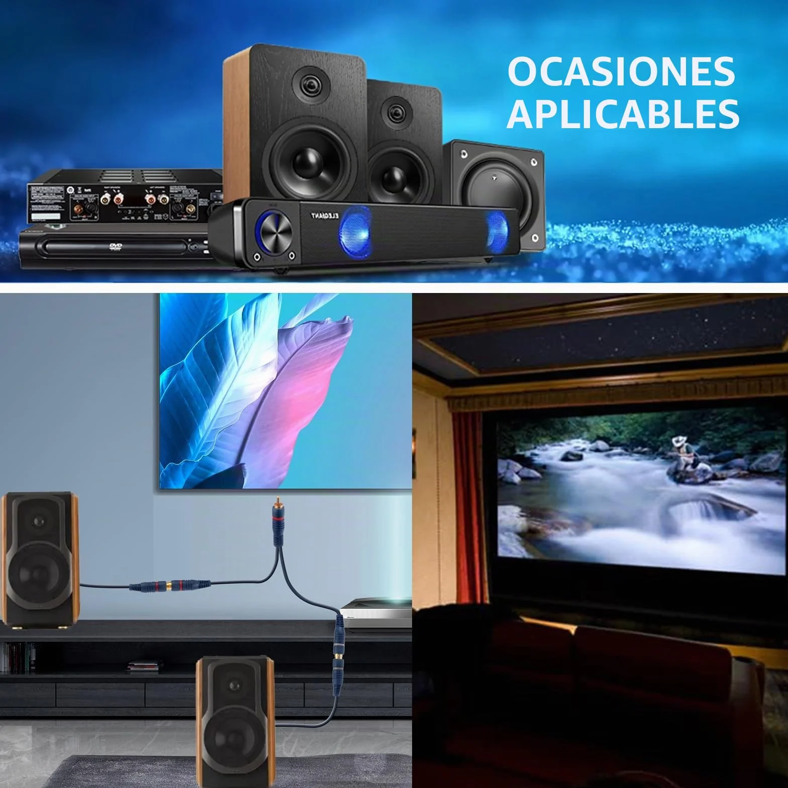 Adaptador Y para cable splitter Cinch de 15 cm, para subwoofer compatible con Phono, AV, audio coaxial y cables RCA (1 conector macho a 2 jacks hembra, 2 unidades, color azul)
