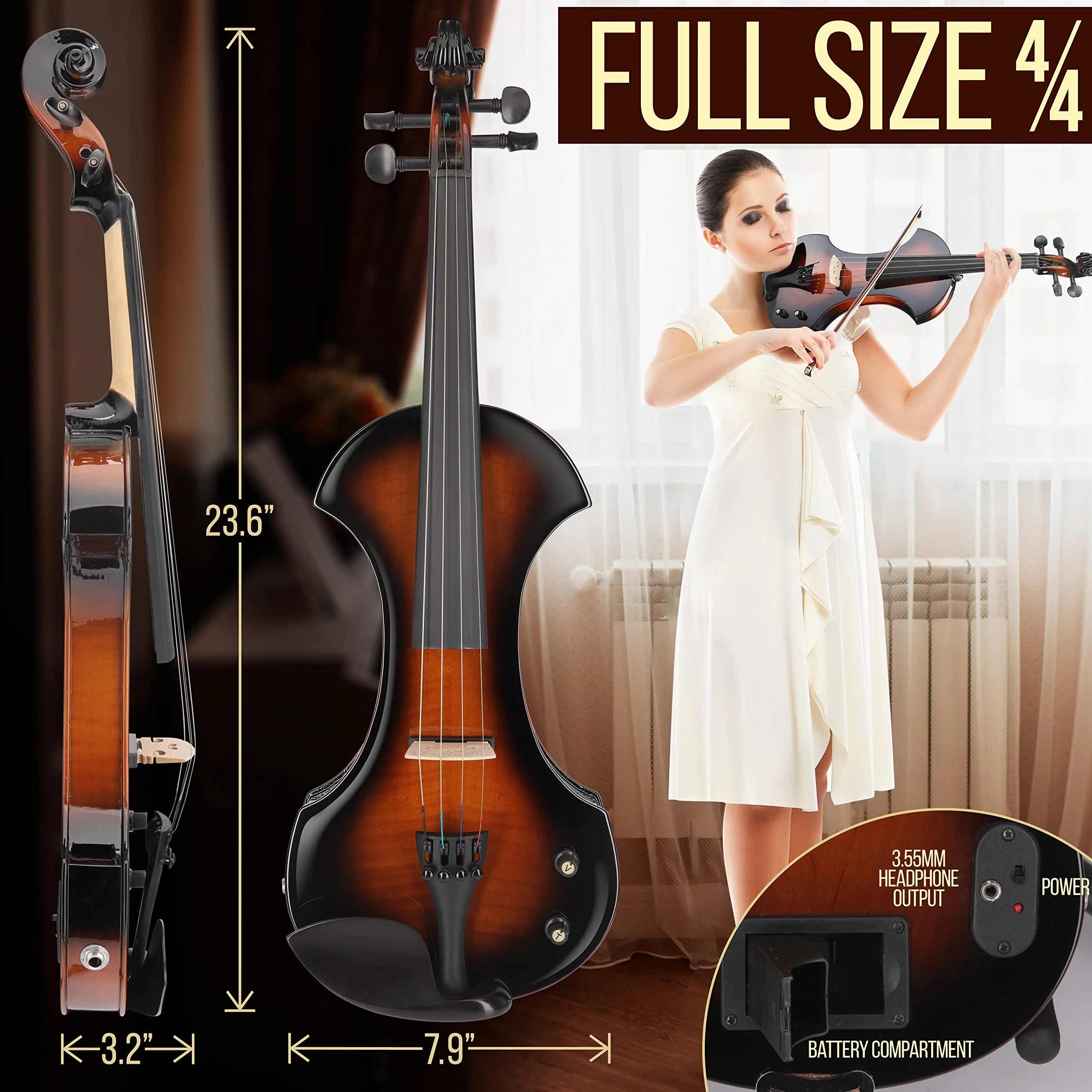 Pyle violin electrico, Silencioso, De tamaño Completo 4/4, Estuche duro, Arco, Accesorios de ebano y afinador digital