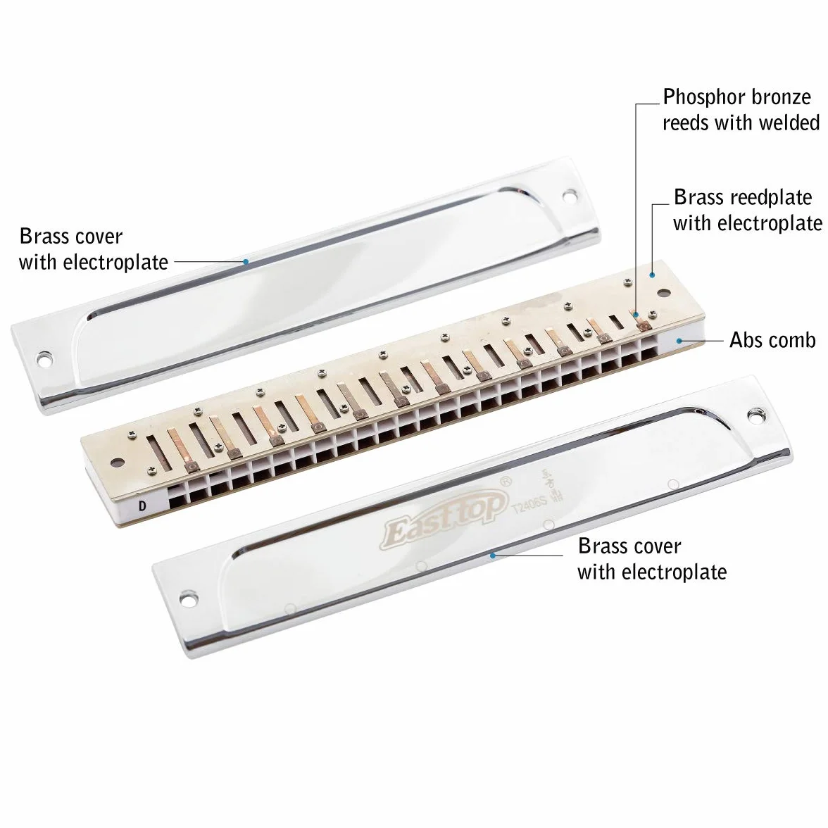East Top Harmonica, Tremolo Harmonica Key D 24 agujeros T2406S Armónica Armónica para adultos, profesionales, principiantes y estudiantes, como regalo
