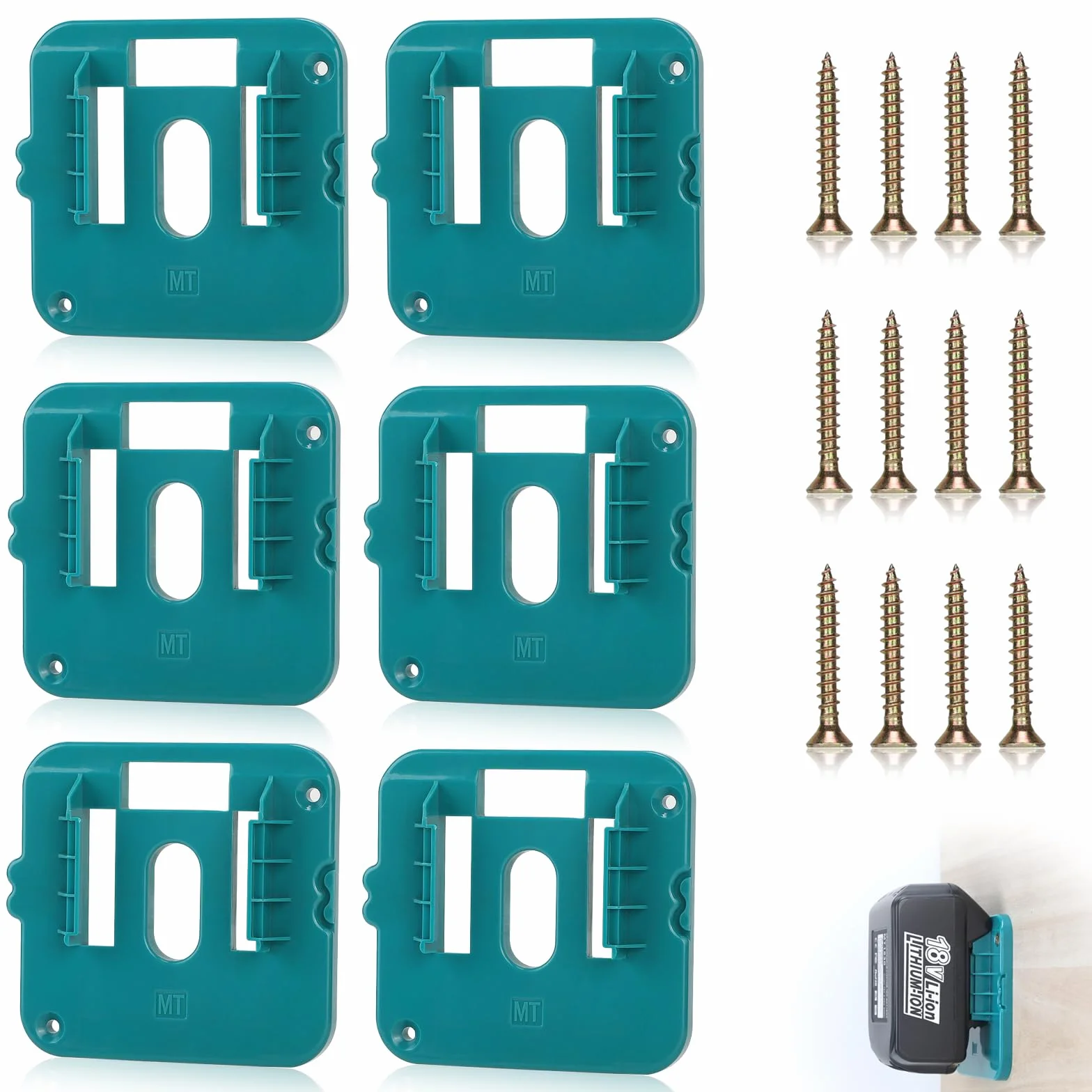 EFUTURETIME 6 x Soportes Batería Makita 18V Pared con 12 Tornillos, Compatible con Makita BL1860 BL1850 BL1840 BL1830, Azul(Sin Batería)