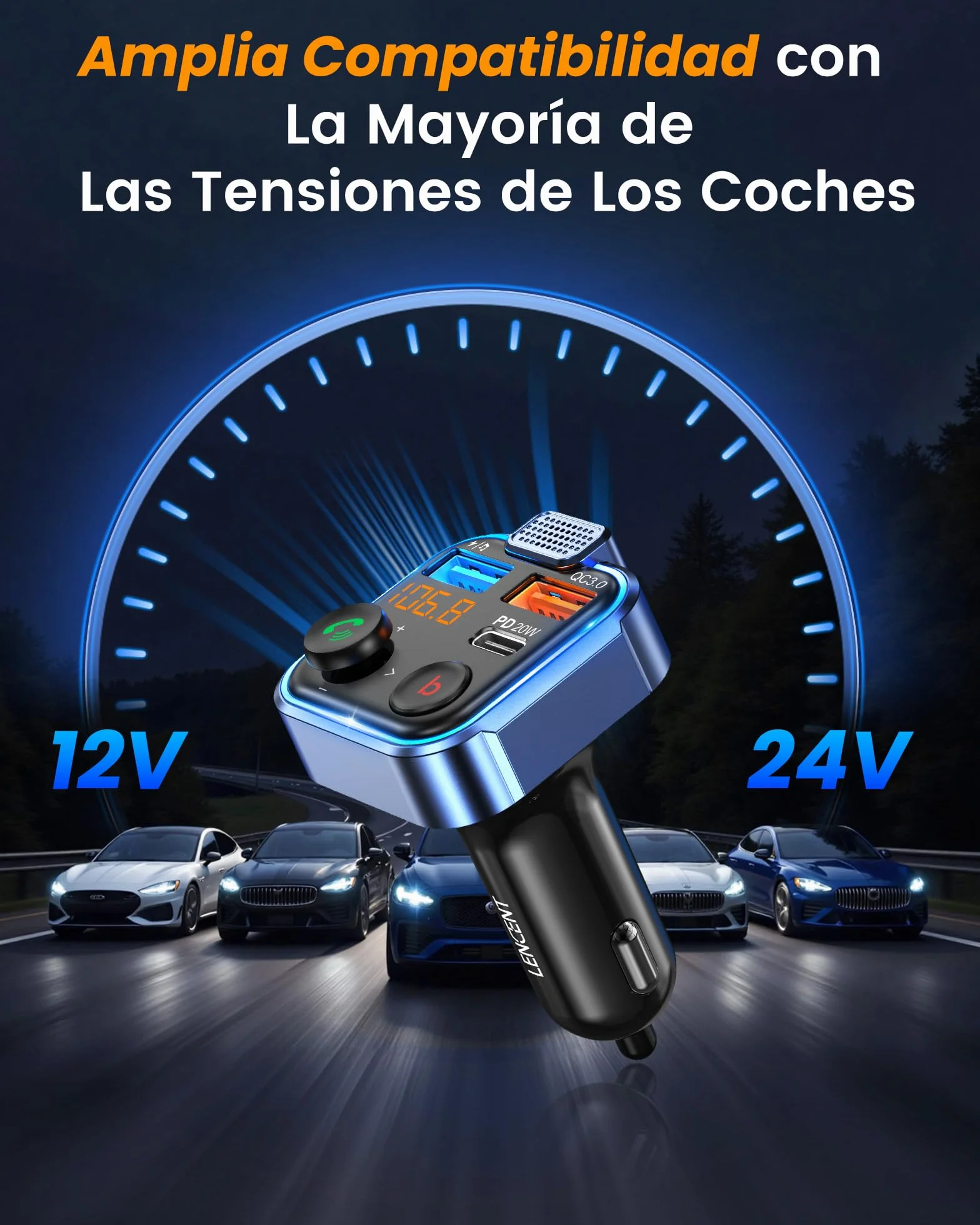 LENCENT Transmisor FM Bluetooth 5.3 Manos Libres Adaptador Radio Coche Carga Rápida 20W USB Tipo C