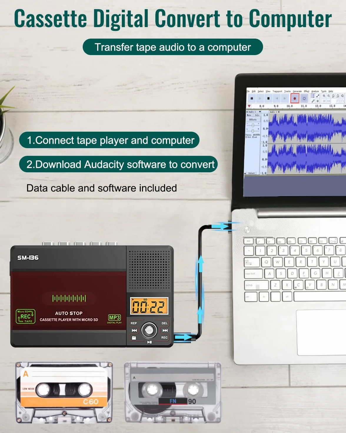 SEMIER Reproductor de Cinta de Casete Pequeño USB C SD Convertidor Digital Audio a MP3 Grabación Micrófono Pantalla LCD Altavoz