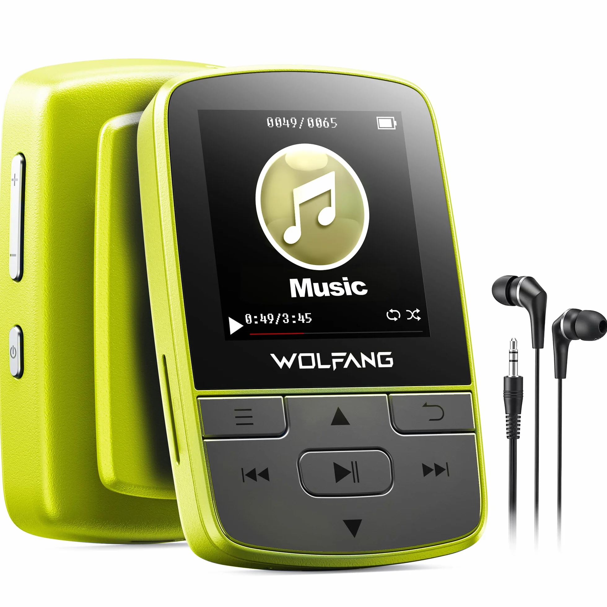 WOLFANG Reproductores de MP3 con Bluetooth 5.2, Clip Deportivo, tamaño Mini, Peso de 1 Onza, Radio FM HiF, grabadora de Voz, Auriculares incluidos, Verde Fluorescente