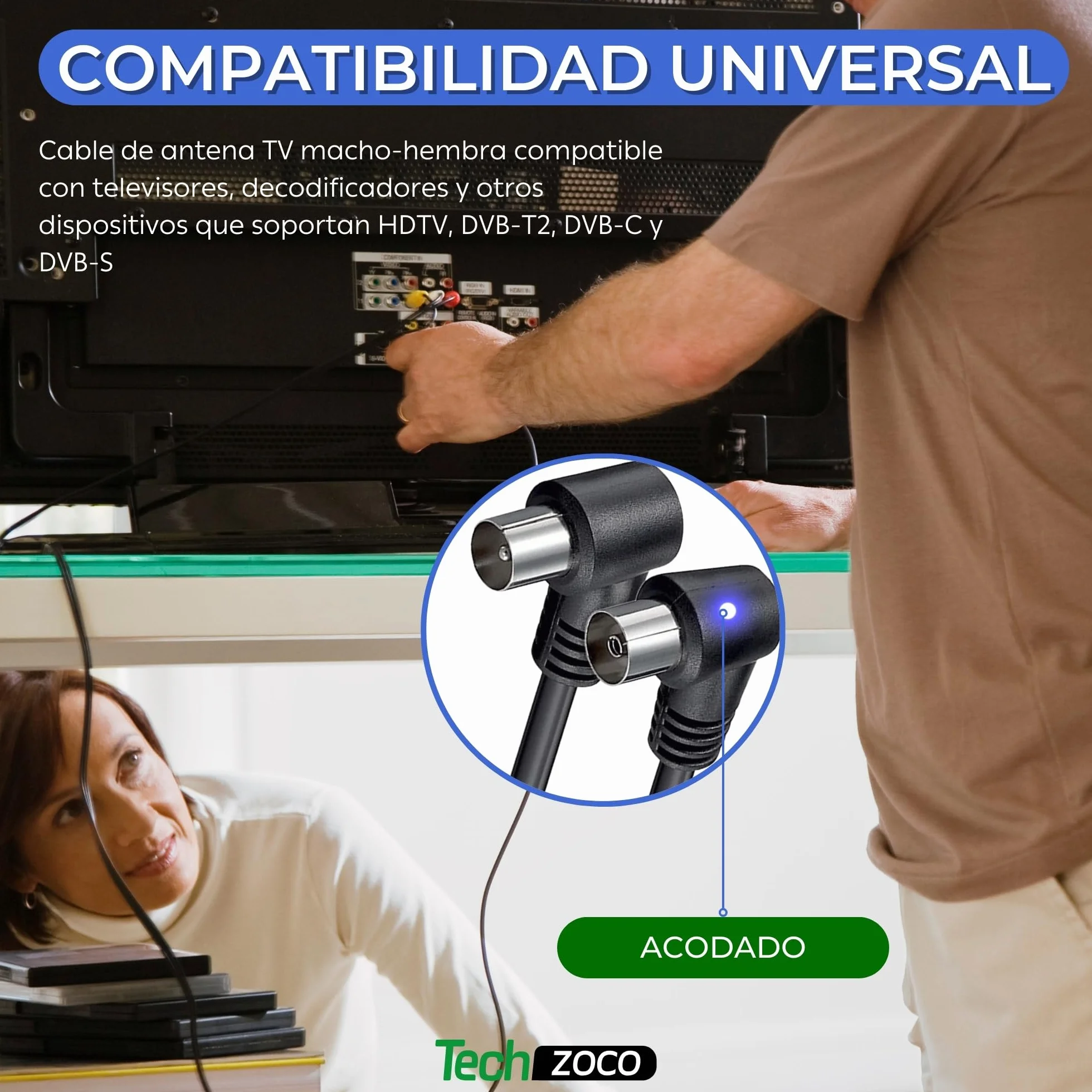 TECHZOCO Cable antena TV coaxial 75 Ohm 1.5 metros HDTV DVB-T2 DVB-C DVB-S 70dB Negro