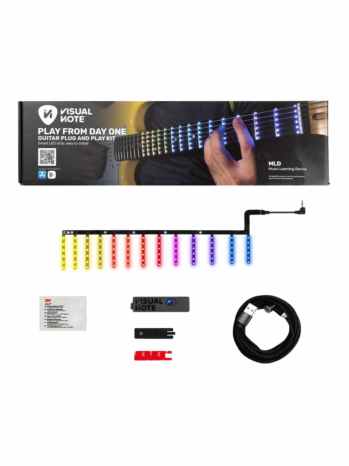 Visual Note Kit C, dispositivo para aprender y enseñar la guitarra, compuesto por una lámina LED RGB para el teclado y una aplicación, compatible con guitarra clásica, escala de 650 mm