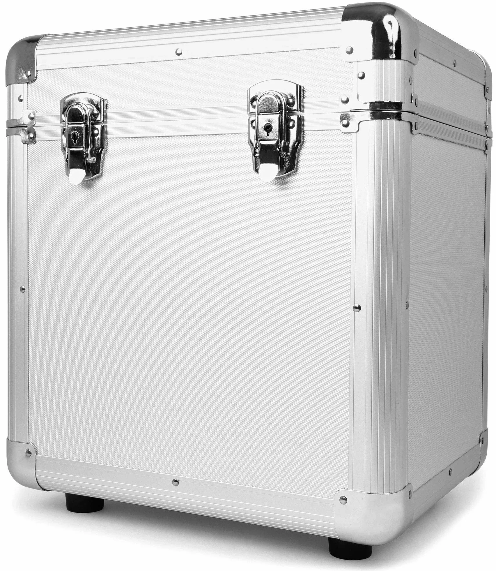 Power Dynamics RC100 Maleta para Discos de Vinilo. Maletin Caja vinilos Aluminio. Almacenaje Transporte LPs de 12", Caja Discos Vinilo. Maleta Acolchada, (Tapa extraíble, Cierres Mariposa) - Plata