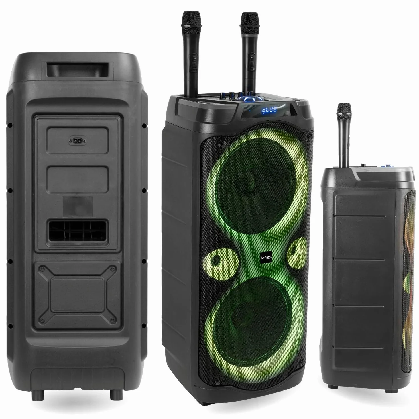 Ibiza Sound - Pack de altavoz Karaoke (1000 W, Bluetooth TWS, 1000 W, 2 micrófonos inalámbricos, 2 efectos de luz giratoria, noche