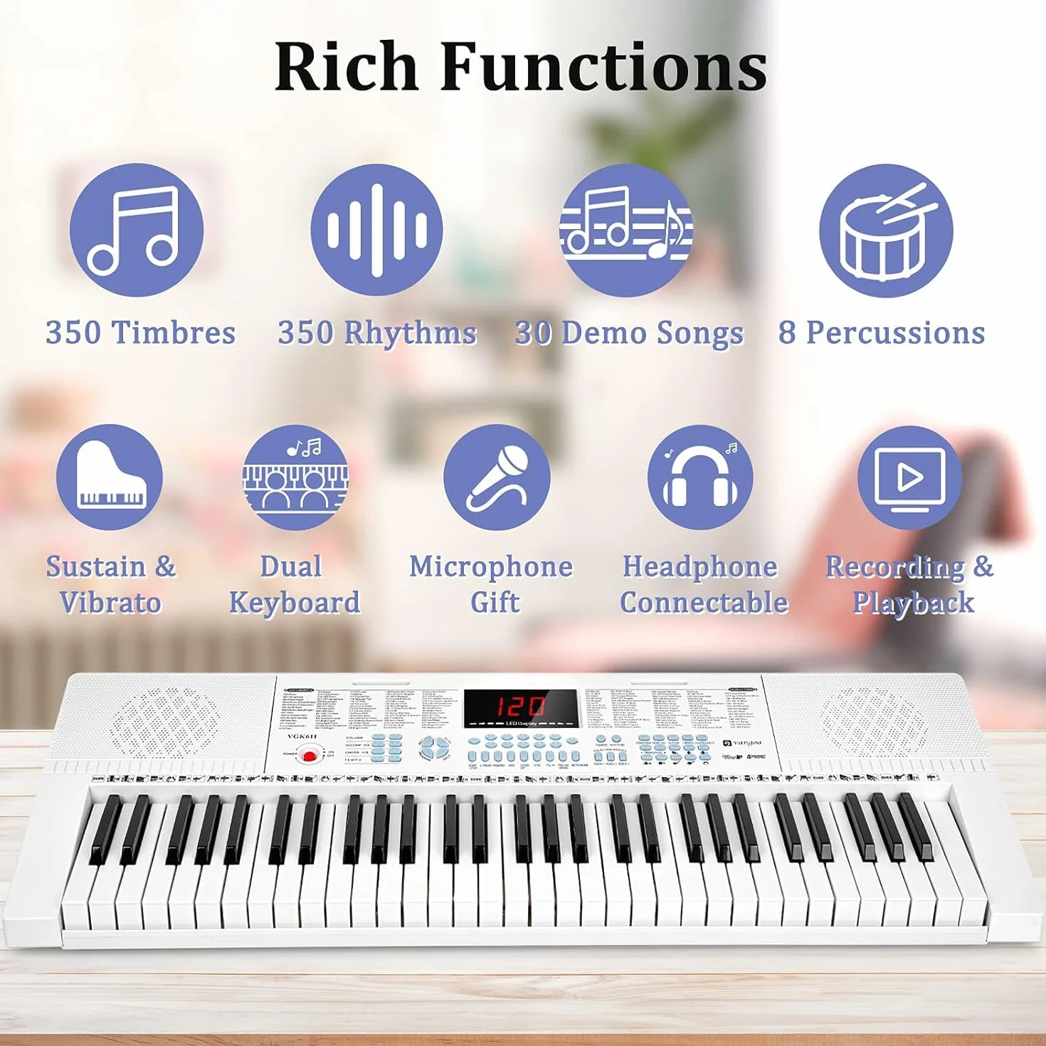 Vangoa Piano 61 Teclas Luminosas, Para Principiantes Niño, Mini Teclado Luminoso Musical, Modos De Enseñanza, 350 Tonos, Blanco