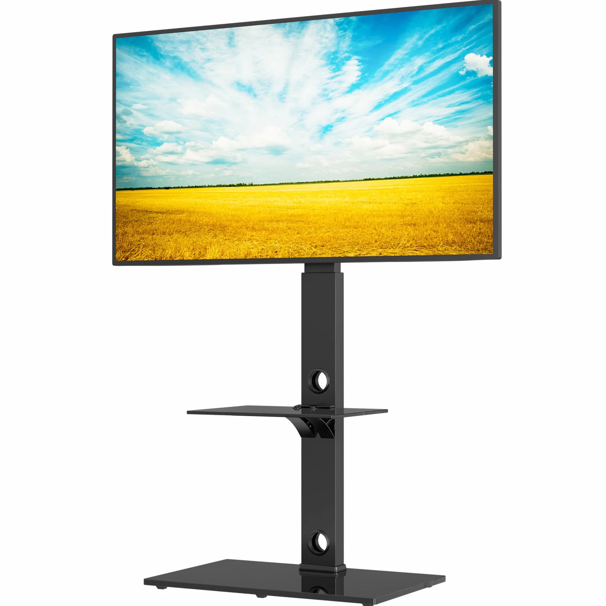BONTEC Soporte TV Pie Universal 30-70 Pulgadas de Plasma LED OLED LCD, Ajustable en Altura, Soporte TV Suelo con Estantes de Vidrio Templado de 2 Niveles, hasta 40 Kg, VESA MÁX. 600x400 mm