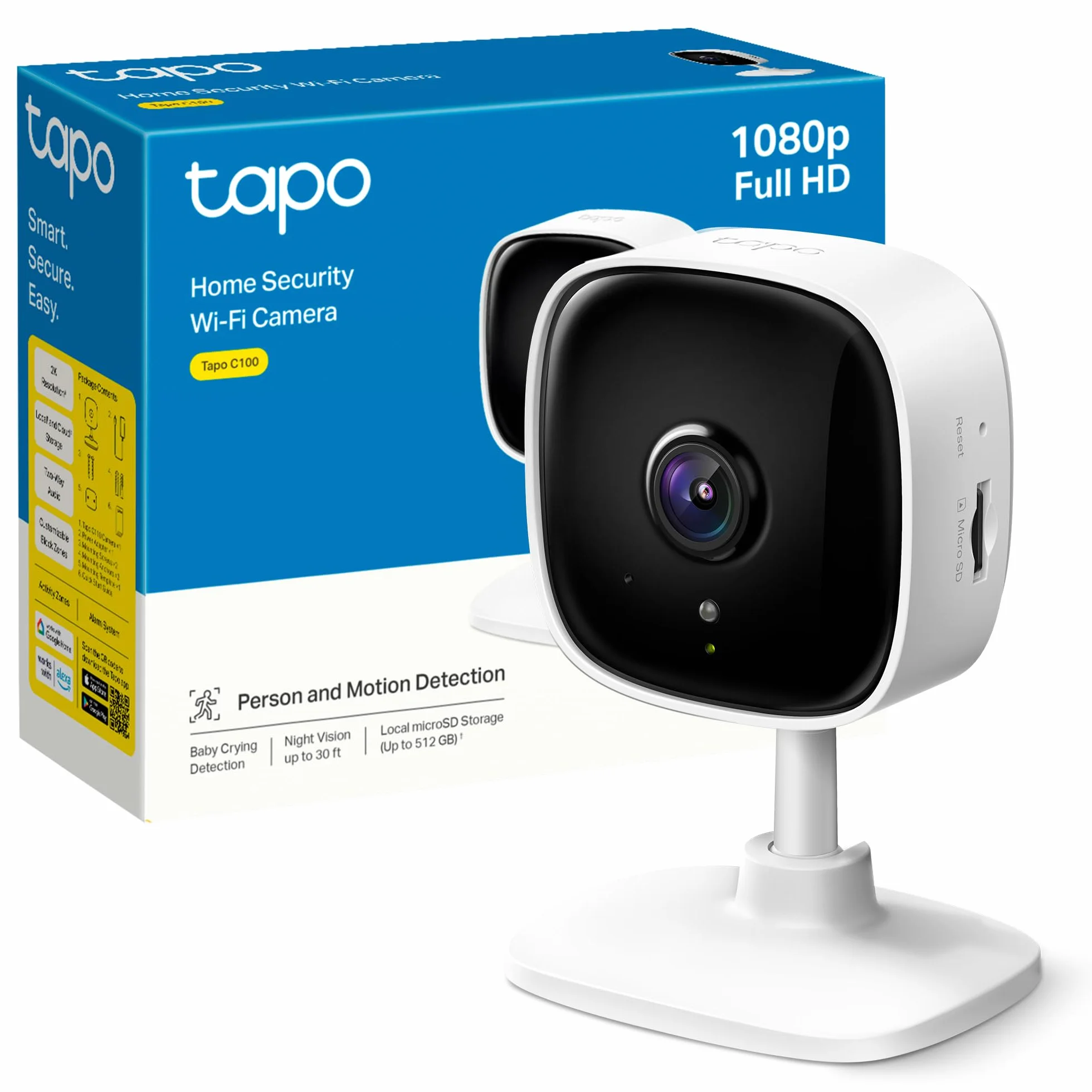 Tapo Cámara de vigilancia Wi-Fi Interior 1080P visión nocturna detección movimiento audio bidireccional almacenamiento SD compatible Alexa Blanco