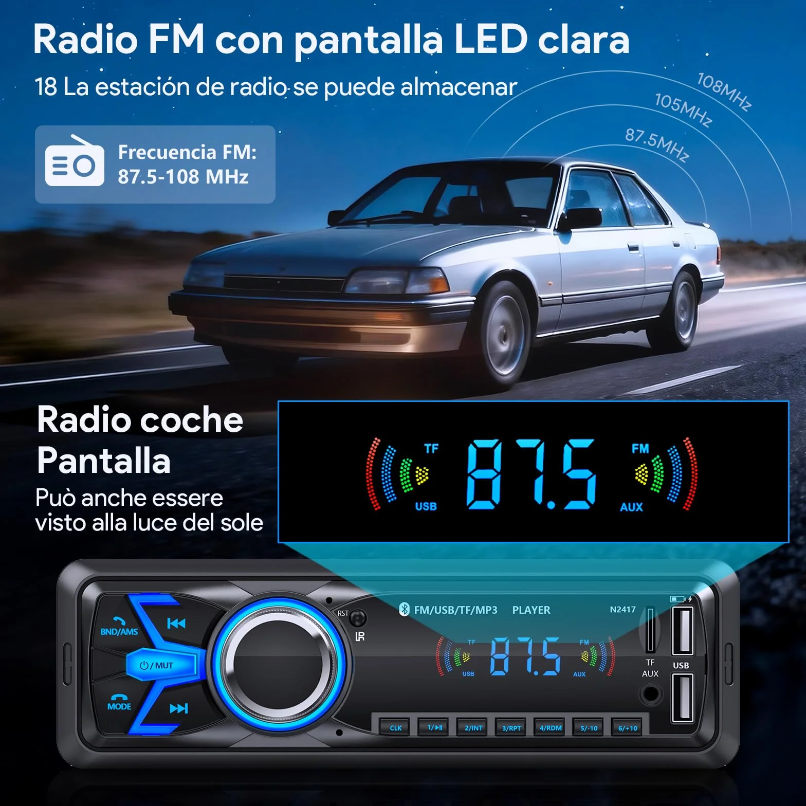 Wistrue Autoradio Bluetooth 5.0 Manos Libres 1 DIN MP3 Player FM Radio con 2USB AUX Control Remoto