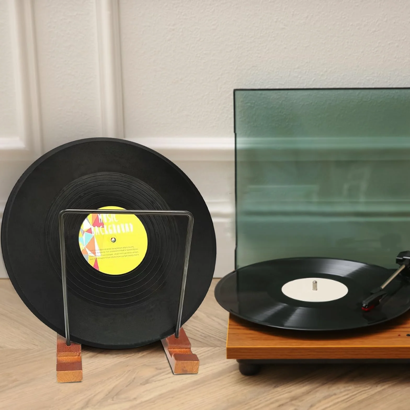 Soporte para discos de vinilo de madera de pino, soporte para discos de CD y expositor, almacenamiento de discos de madera, con organizador de discos de acero inoxidable, soporte para discos