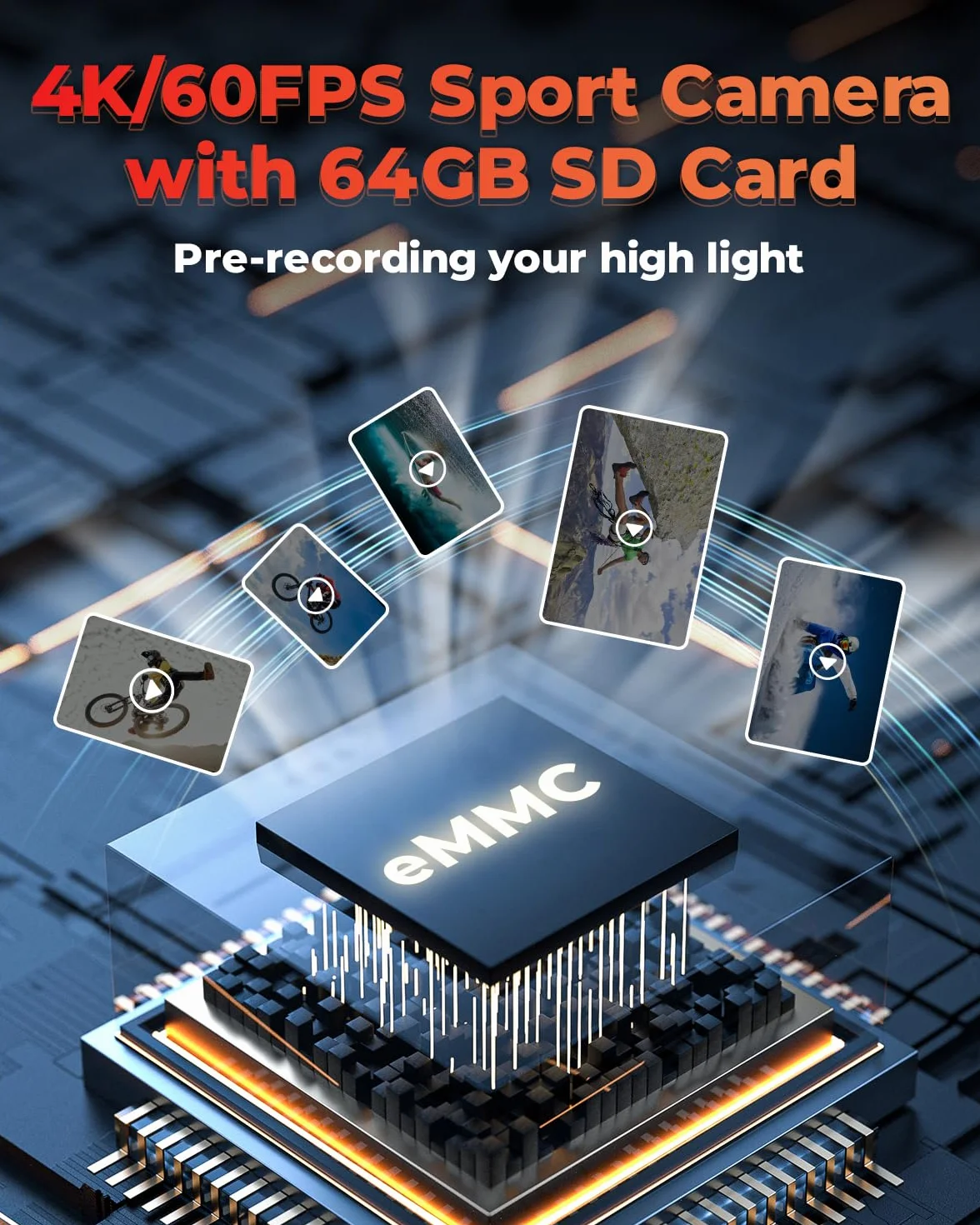 Cámara Deportiva 4K 60FPS con 64GB Tarjeta SD, 131FT Acuática, 24MP HD, 8X Zoom WiFi, 2x1350mAh Baterías