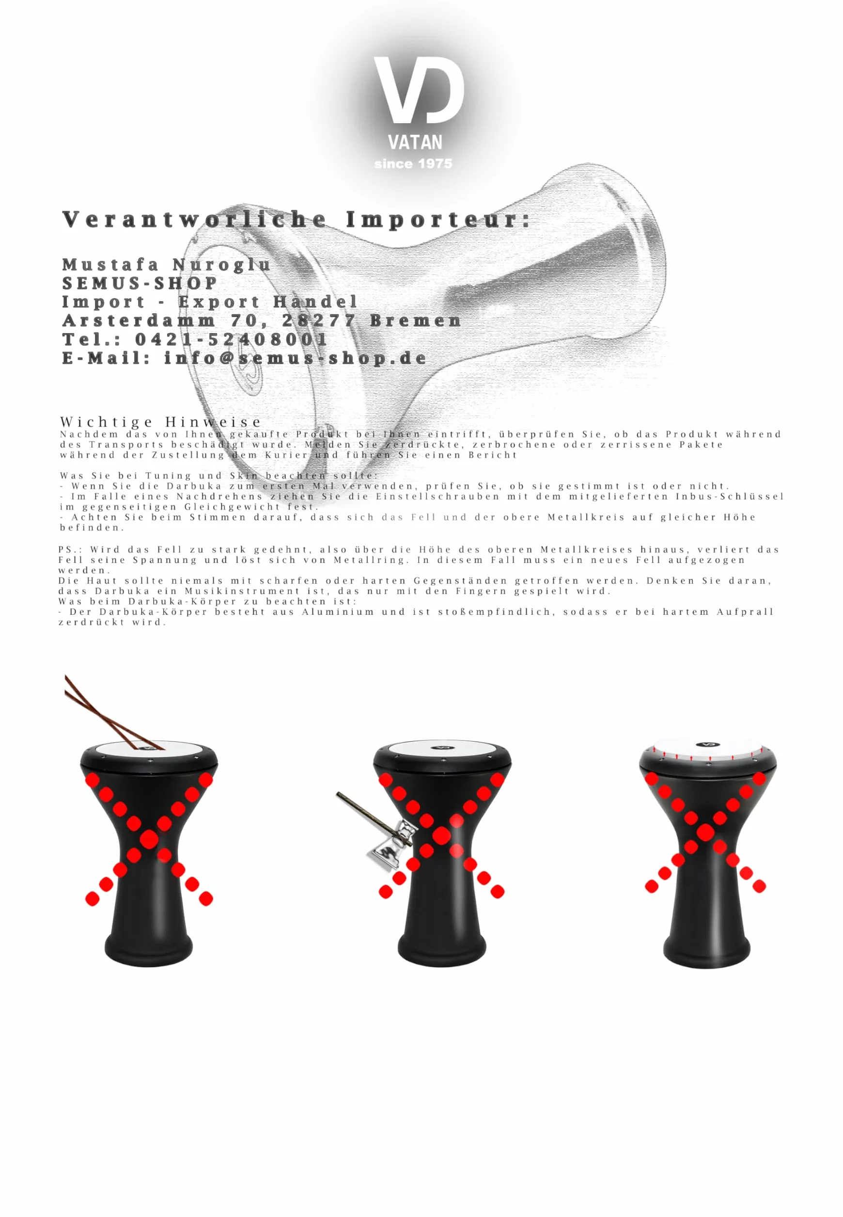 Vatan VD 3002 Darbuka egipcia, recubierta con cuero artificial, grande, diámetro 22 cm, negra, 44,5 cm.