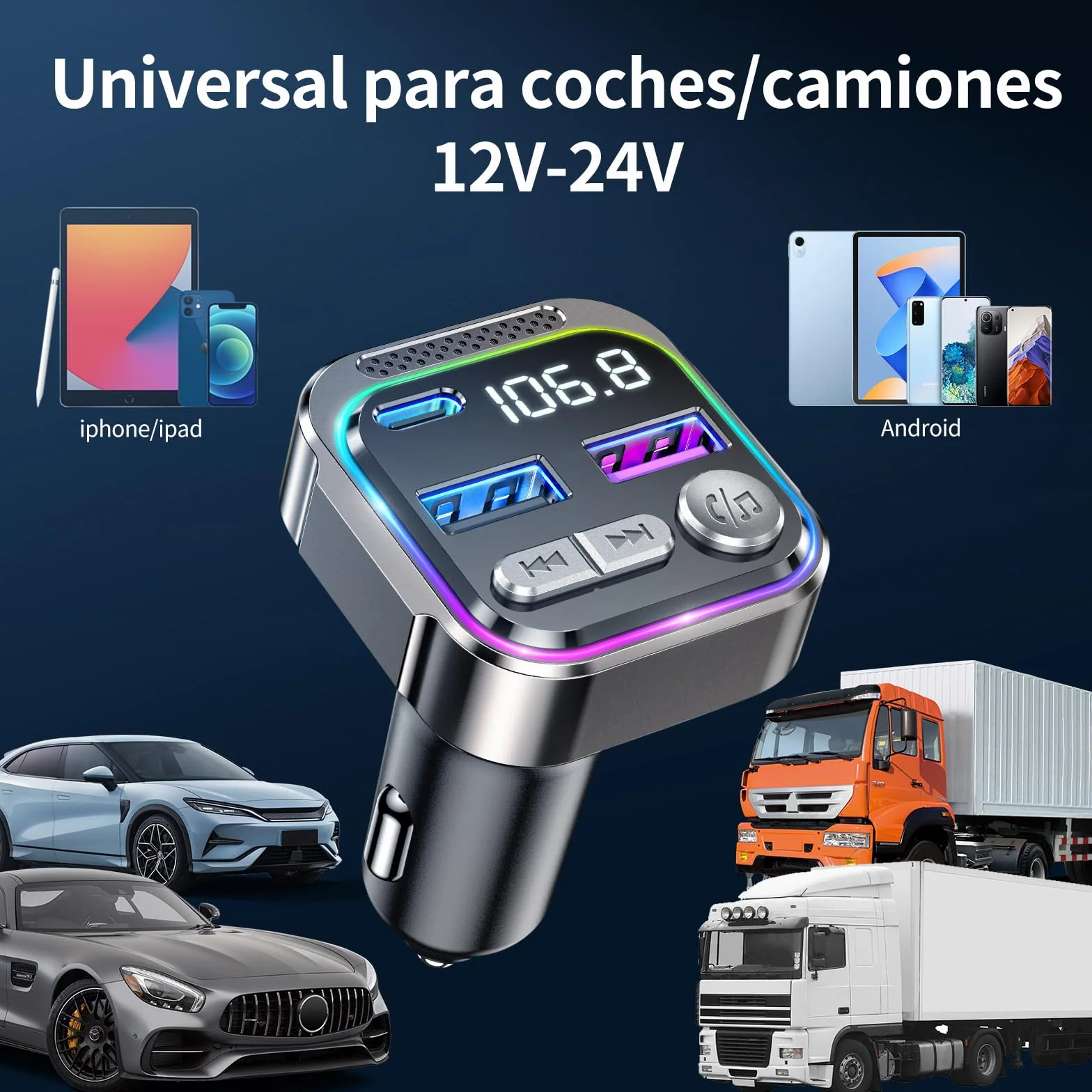 GizmoVine Transmisor FM Bluetooth Coche 36W QC PD Adaptador Mechero USB Manos Libres