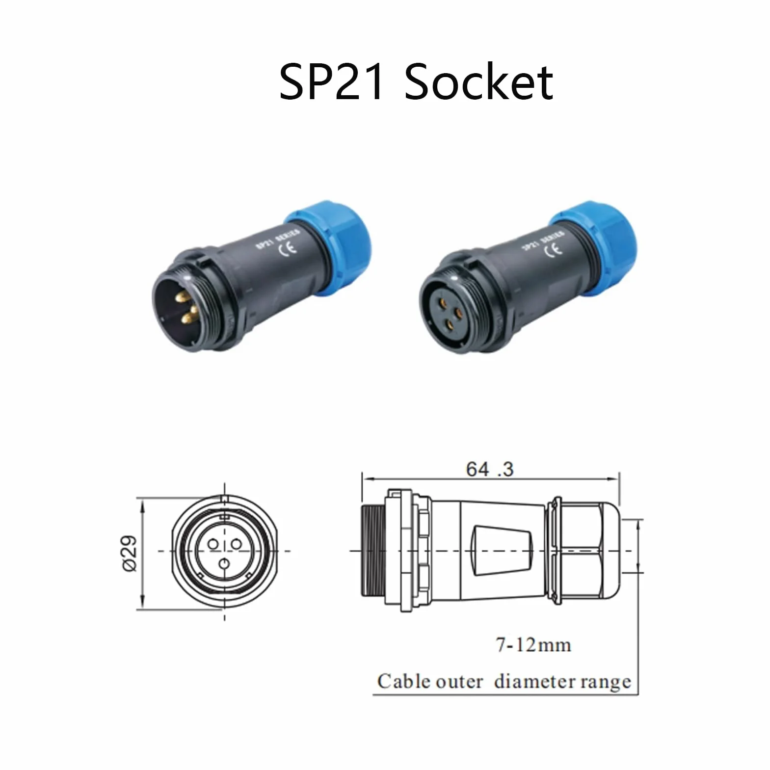 Conector Enchufe de aviación SP21 de 4 pines, IP68 Enchufe de aviación sin soldadura impermeable y a prueba de polvo para lámparas exteriores utiliza 500V 30A (engarzado de tornillo de cable 12 AWG)