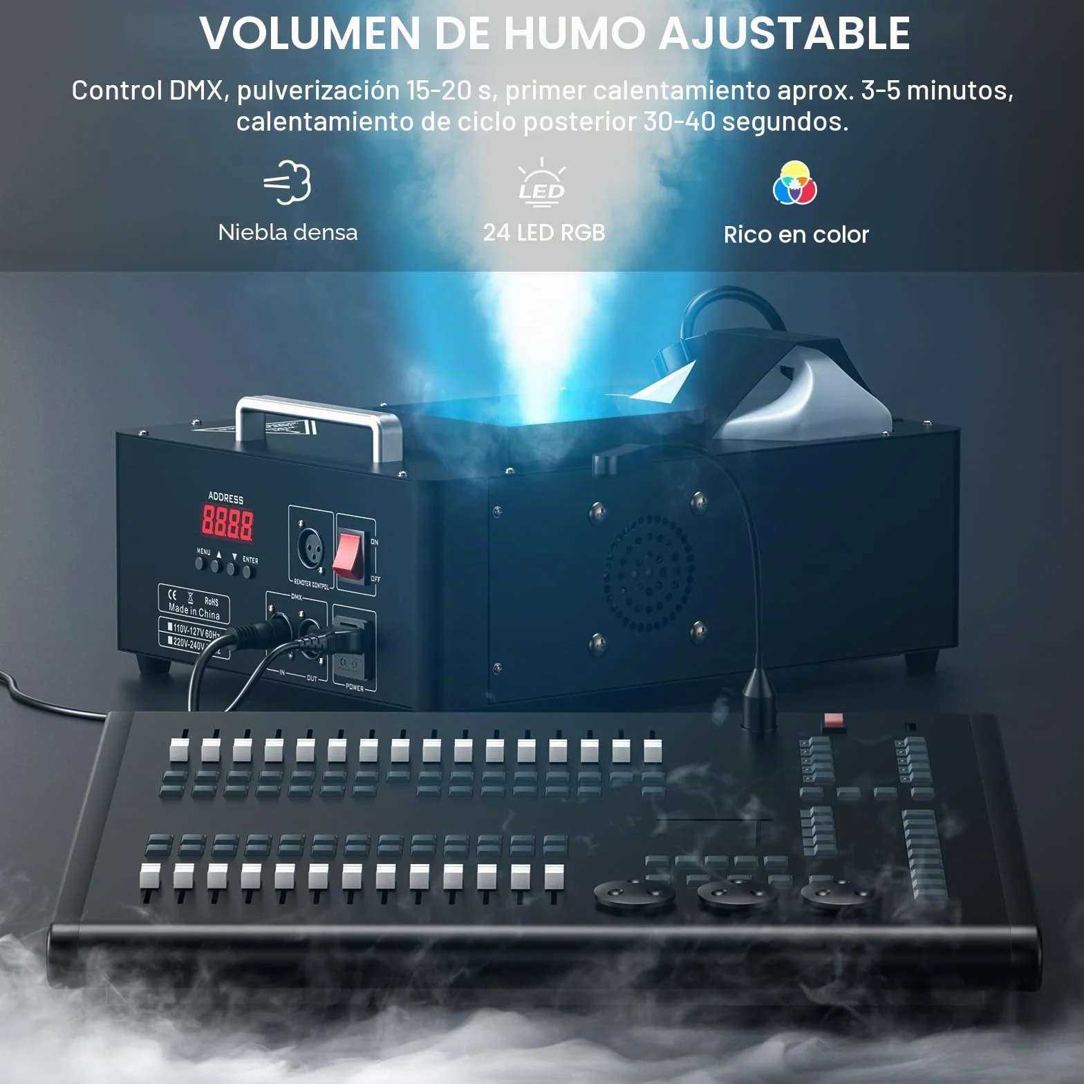 Máquina de Humo de 1500W, Máquina de Niebla de 24 LED RGB d-mx512 y Control Remoto para Escenario Bodas Fiestas Halloween Navidad