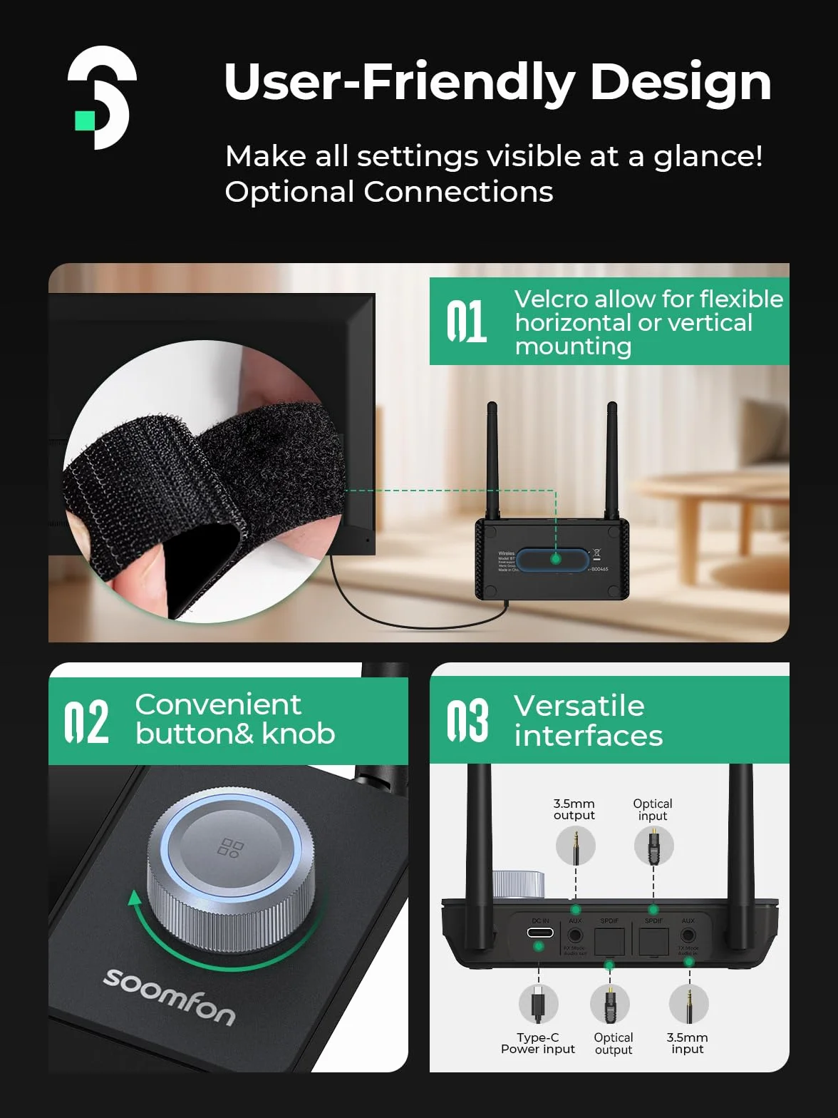 SOOMFON Bluetooth 5.3 Transmisor Receptor, 3 en 1 Bluetooth Adaptador Audio con AUX 3.5mm/RCA/Óptico, Adaptador Doble Conexión, Receptor Emisor para TV/Auriculares/Sistemas de Sonido