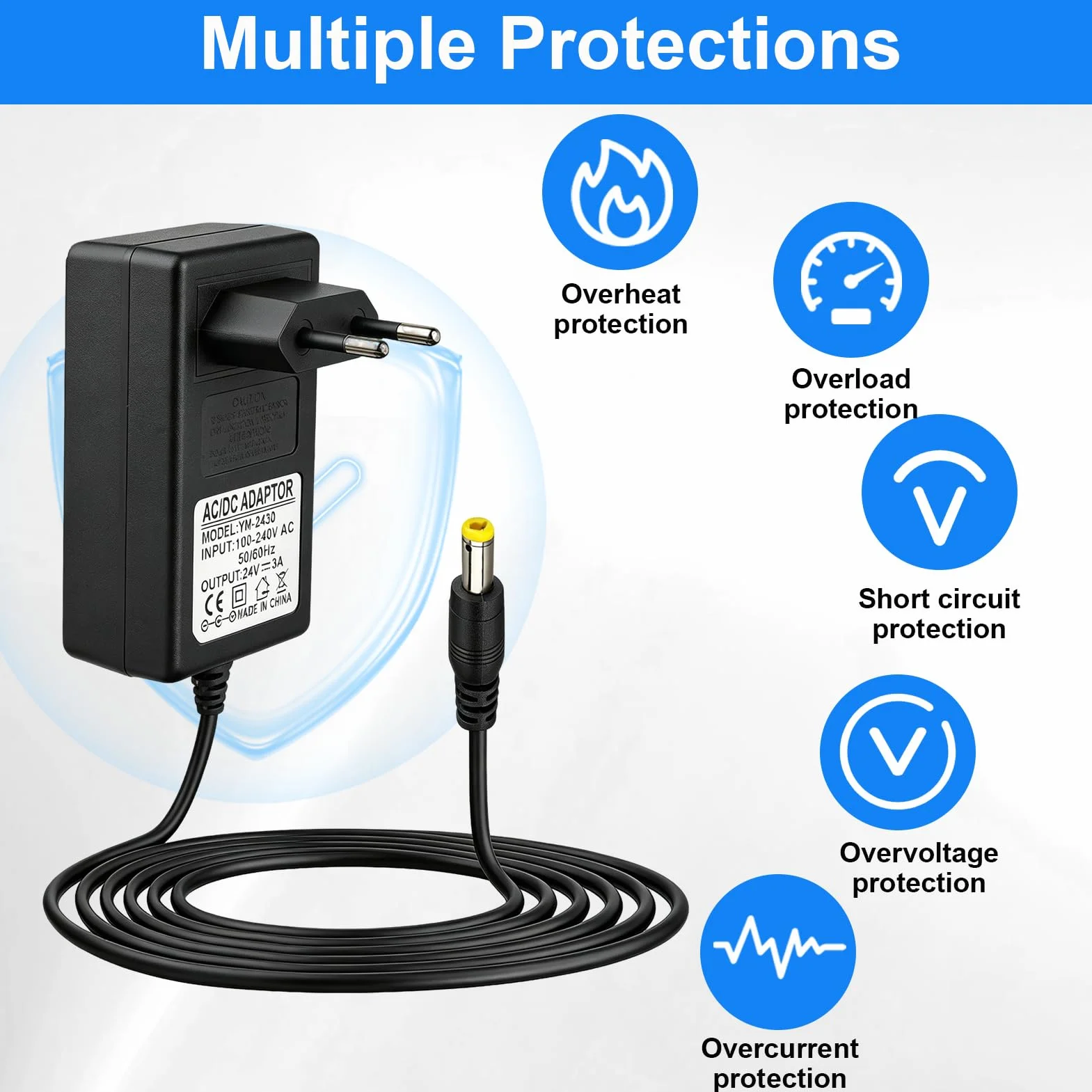24V 3A Adaptador Fuente de Alimentación 72W, Transformador AC100-240V con Enchufe EU y DC Conector 5.5x2.5mm, Cargador para Tiras LED, Cámara CCTV, Router, Monitor, TV Box, 1.5M Negro