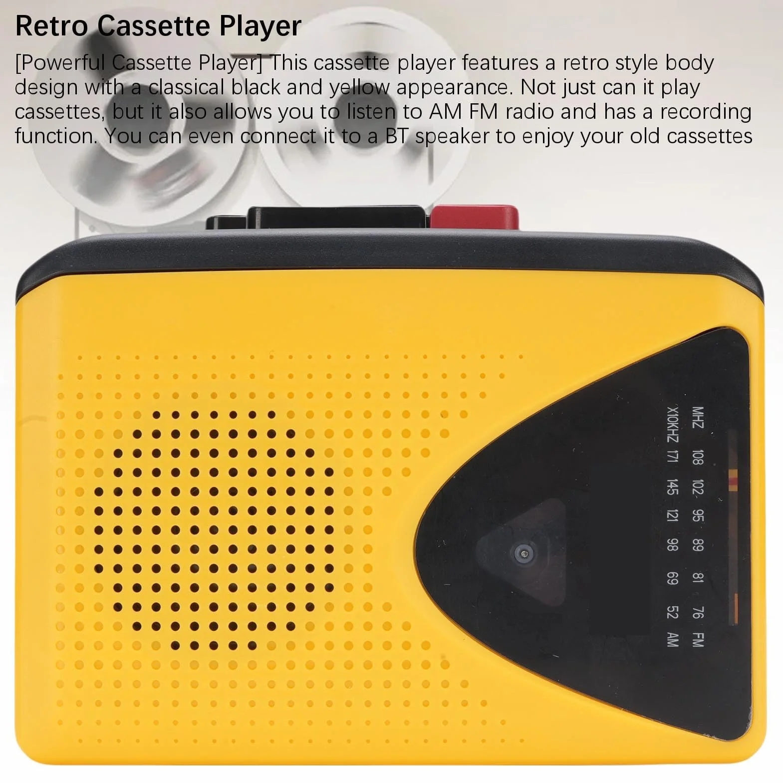 Reproductor de Cassette Retro con Radio AM FM Bluetooth y Grabación, Portátil, Amarillo Negro
