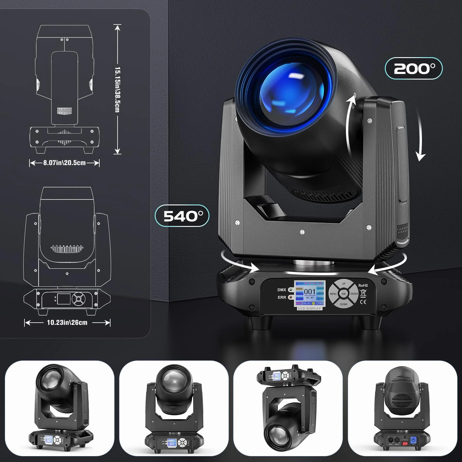 200W Cabeza Móvil RGBW LED Beam Luces de Escenario, Foco Electrónico 14 Patrones dmx512 Luces de Fiesta 18 Prismas 360° Rotación Efecto Arcoiris Para Navidad DJ Discoteca Bar Boda