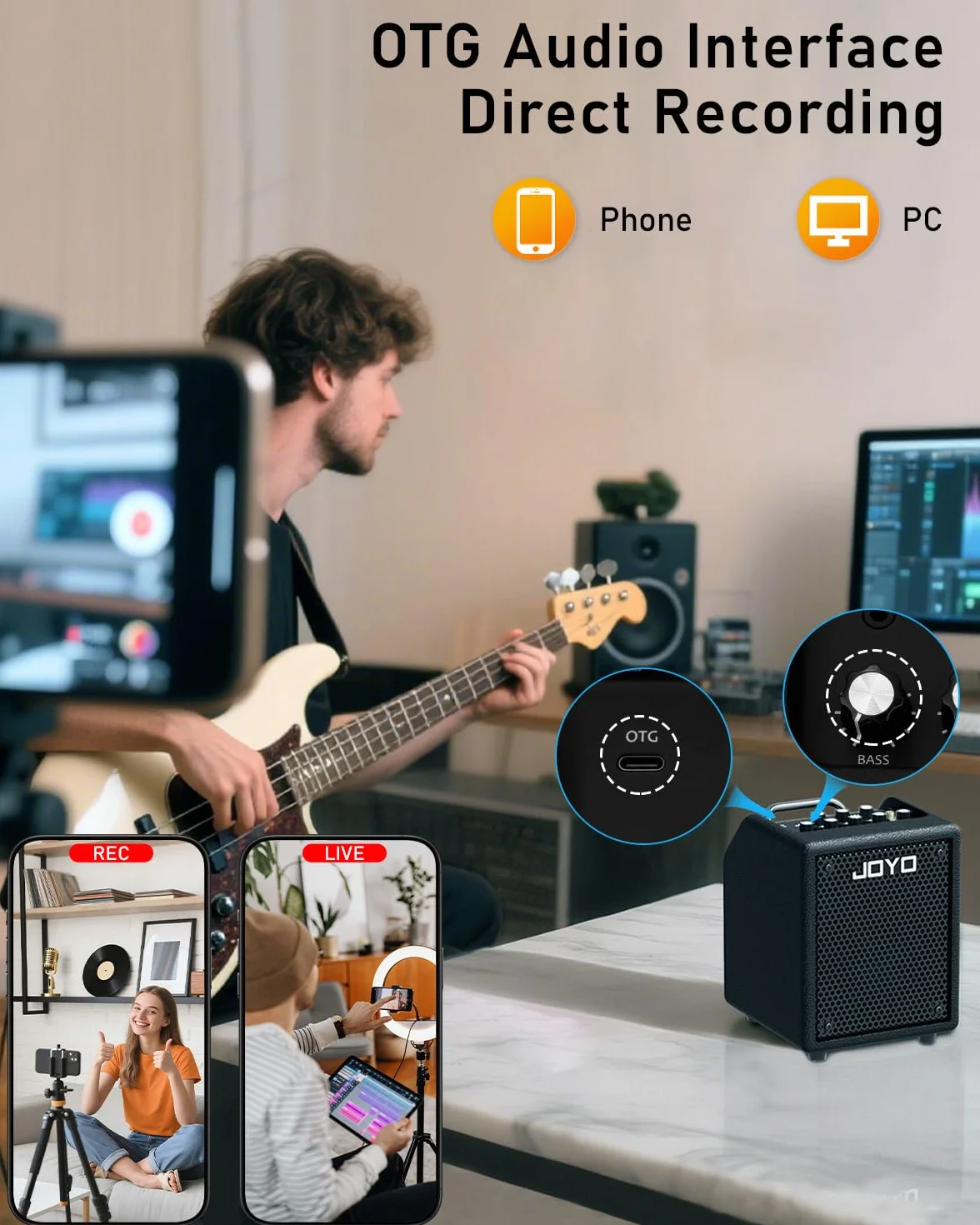 Joyo - Amplificador Combinado de bajo 30 W portátil – Altavoz de 4 Pulgadas, EQ 3 Bandas y compresor | Bluetooth 5.1 + grabación OTG, Salida de Auriculares para práctica Solo (Vibe Cube BA-30, Negro)