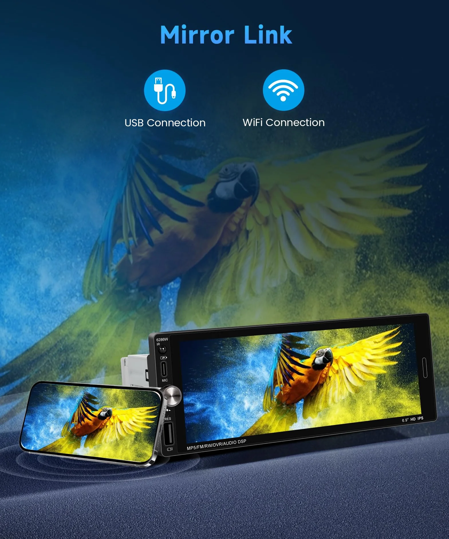 Rimoody Wireless Carplay Radio de Coche 1 DIN con 6.9 Pulgadas IPS Pantalla para Coche con Bluetooth Manos Libres FM Tipo C USB EQ Control del Volante Cámara Trasera